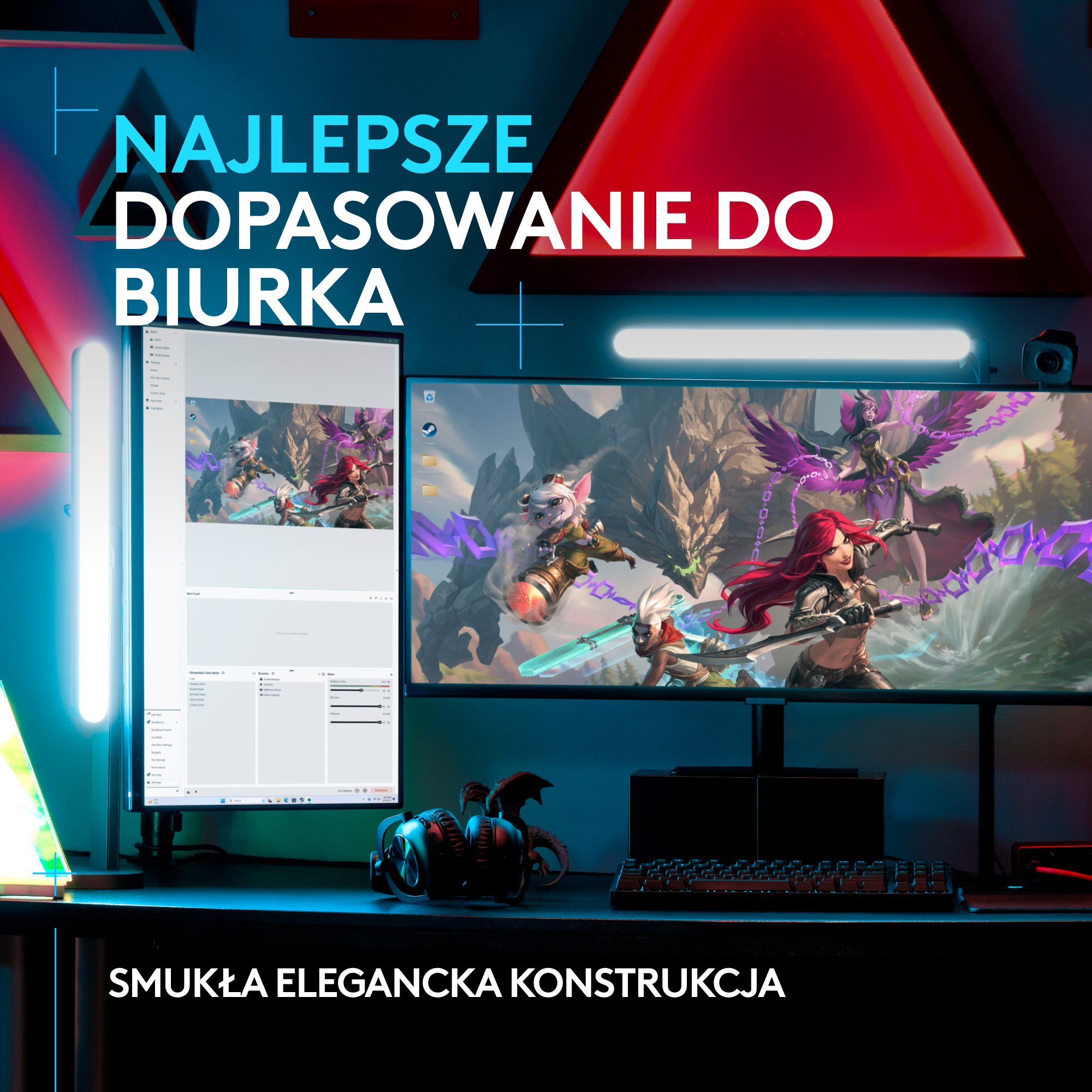 Dwa monitory z konfiguracją do gier. Jeden pokazuje interfejs streamingu, drugi grę.