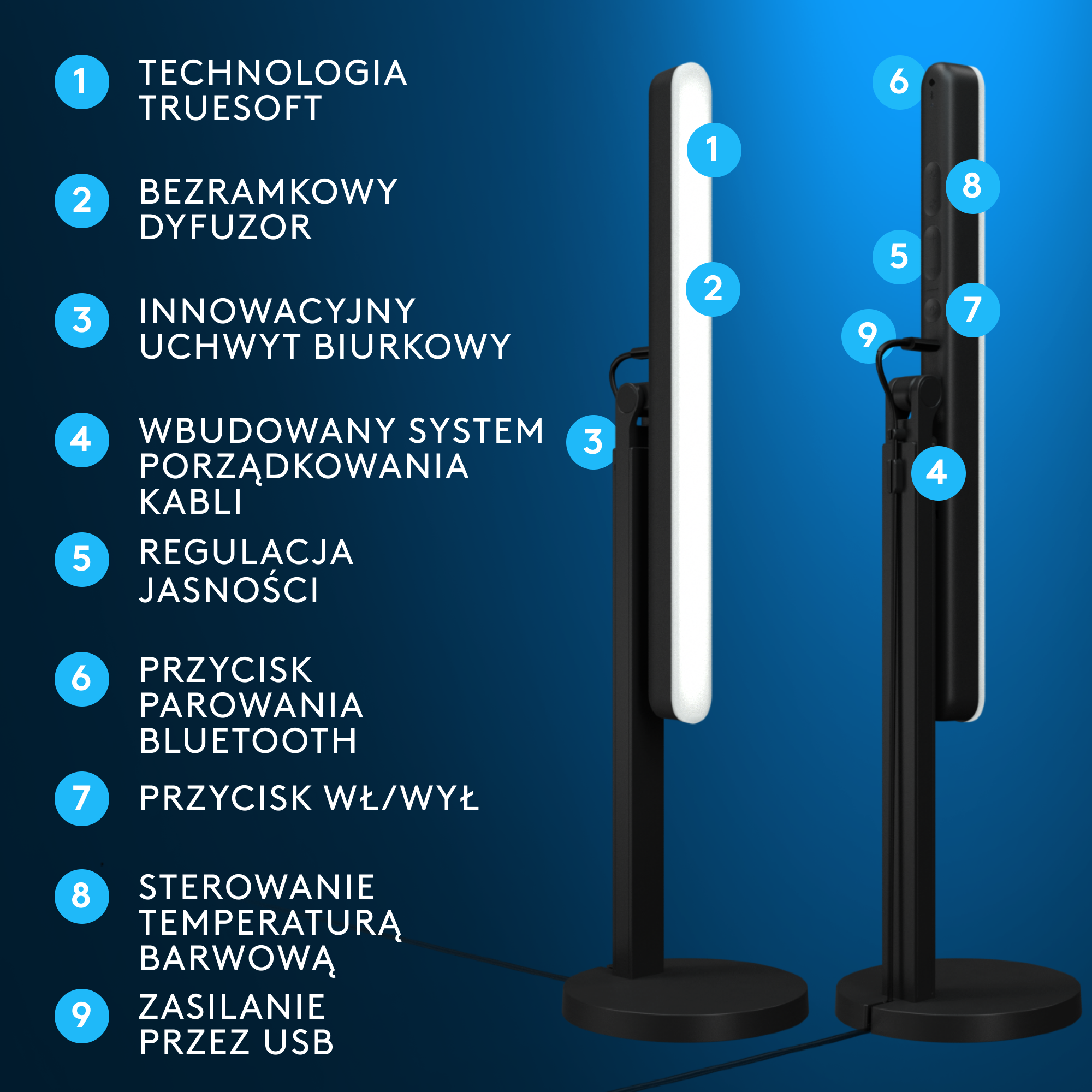 Dwa czarne stojaki, jeden ze światłem, drugi z numerowanymi cechami.