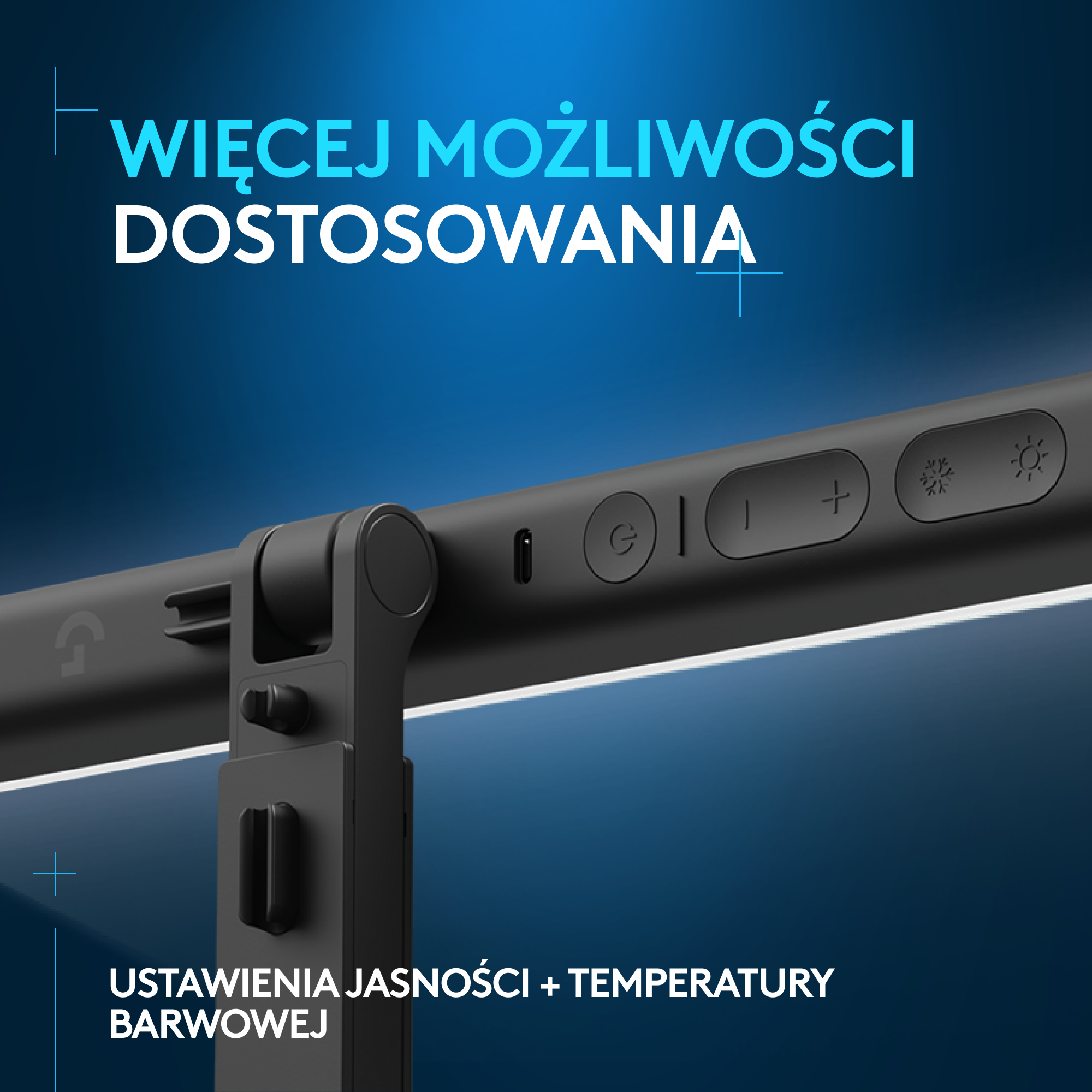 Zbliżenie czarnego paska świetlnego LED z przyciskami sterowania. Tekst w języku polskim u góry.