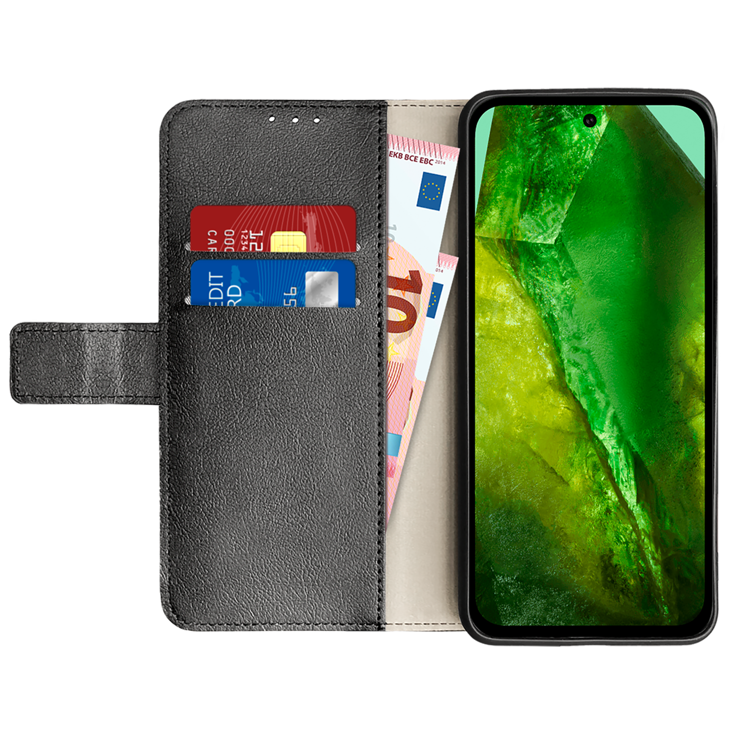 Black phone case open, revealing cards and cash. The screen shows a green abstract pattern.