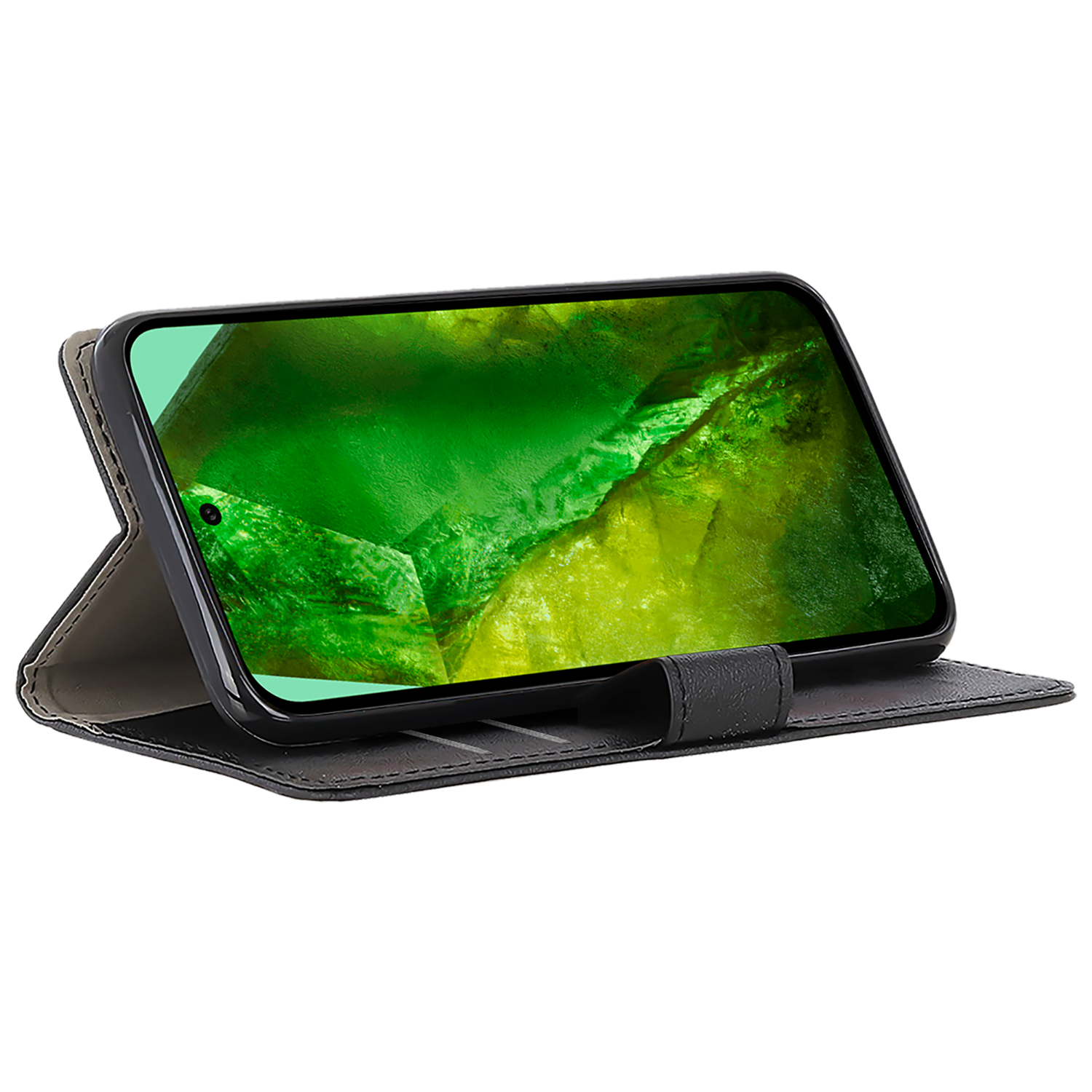 A mobile phone in a case, open. The phone's screen shows a green and yellow image.