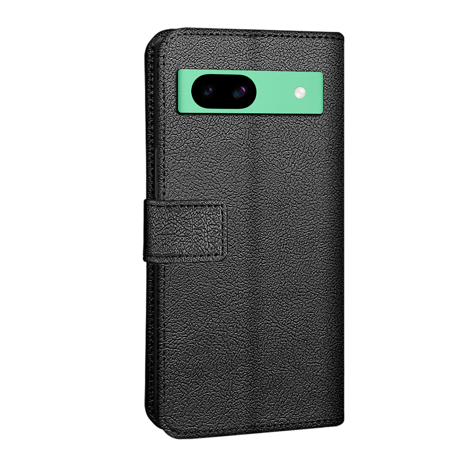 Black leather phone case with a mint-colored camera bar.