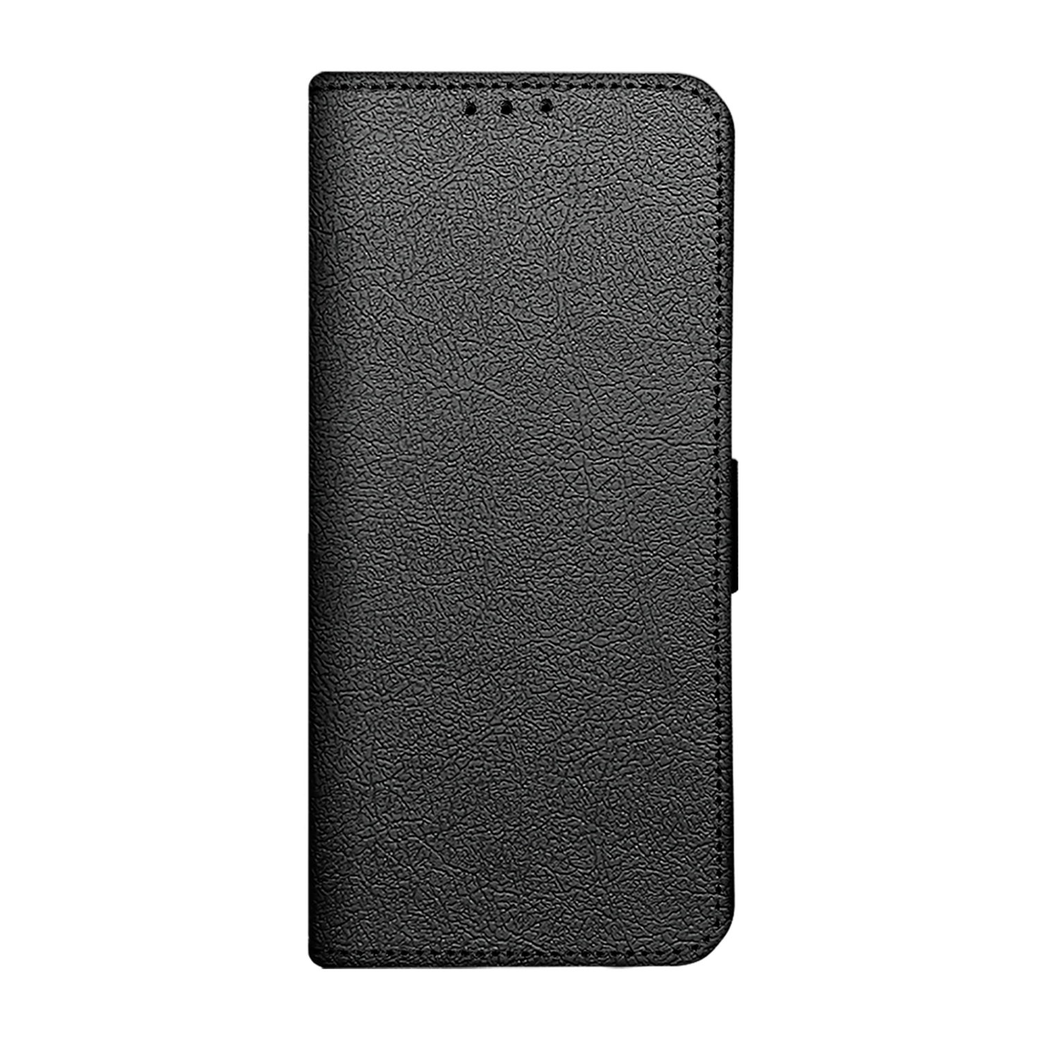 Black phone case with a textured, leather-like surface, on a black background.