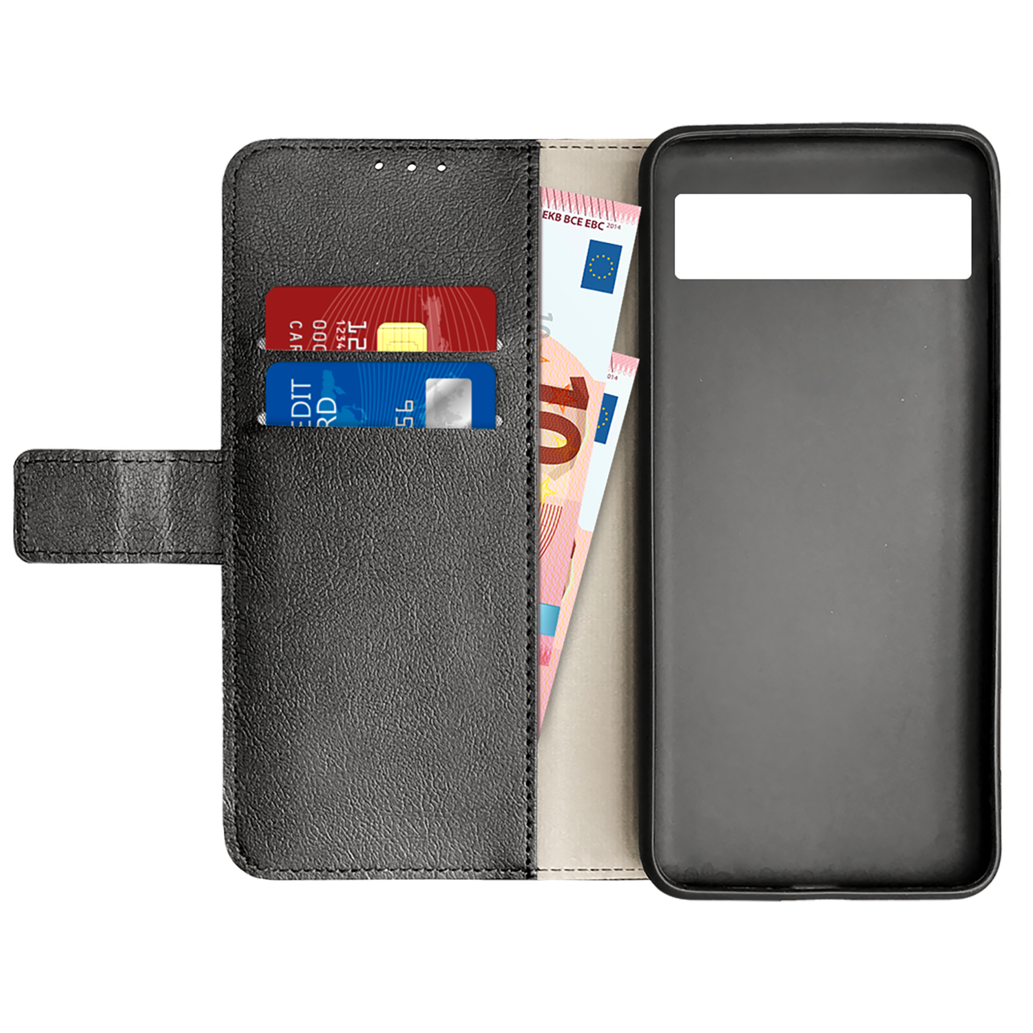 Wallet case with credit cards, Euro banknotes, and a phone's outline. Black leather and gray interior.