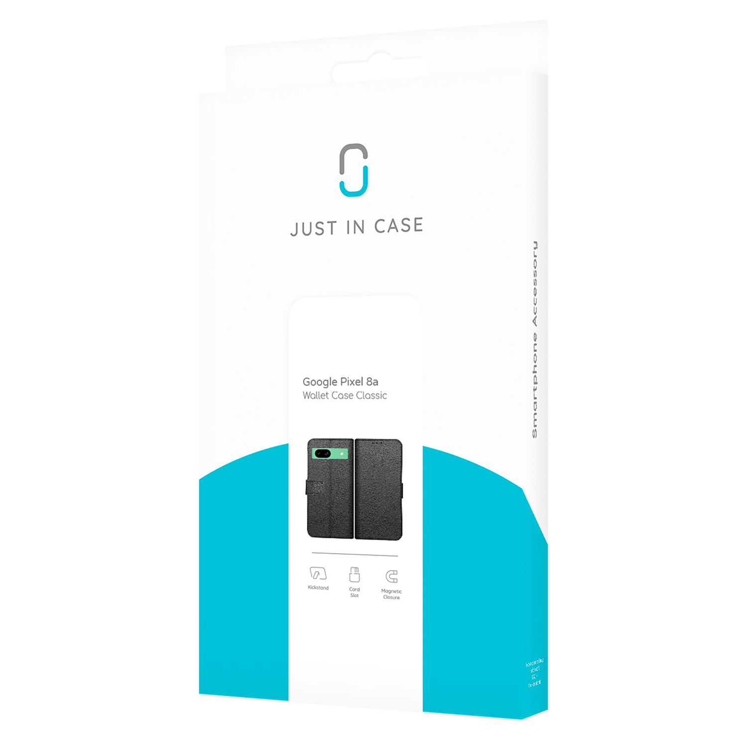 Boxed phone case with phone image. Features: kickstand, card slot, magnetic closure. Brand name: Just in Case.