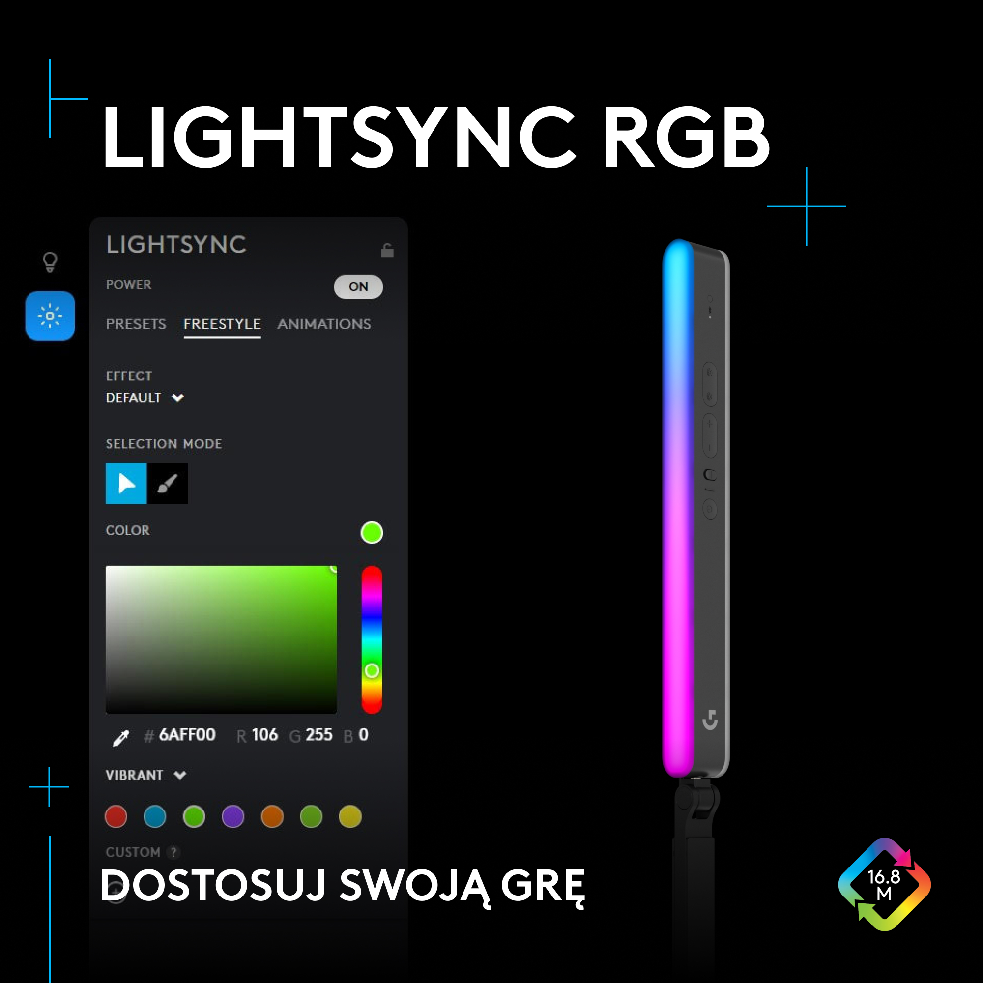 Panel sterowania Logitech Lightsync RGB. Pokazuje opcje wyboru koloru i ustawienia światła dla urządzenia do gier.