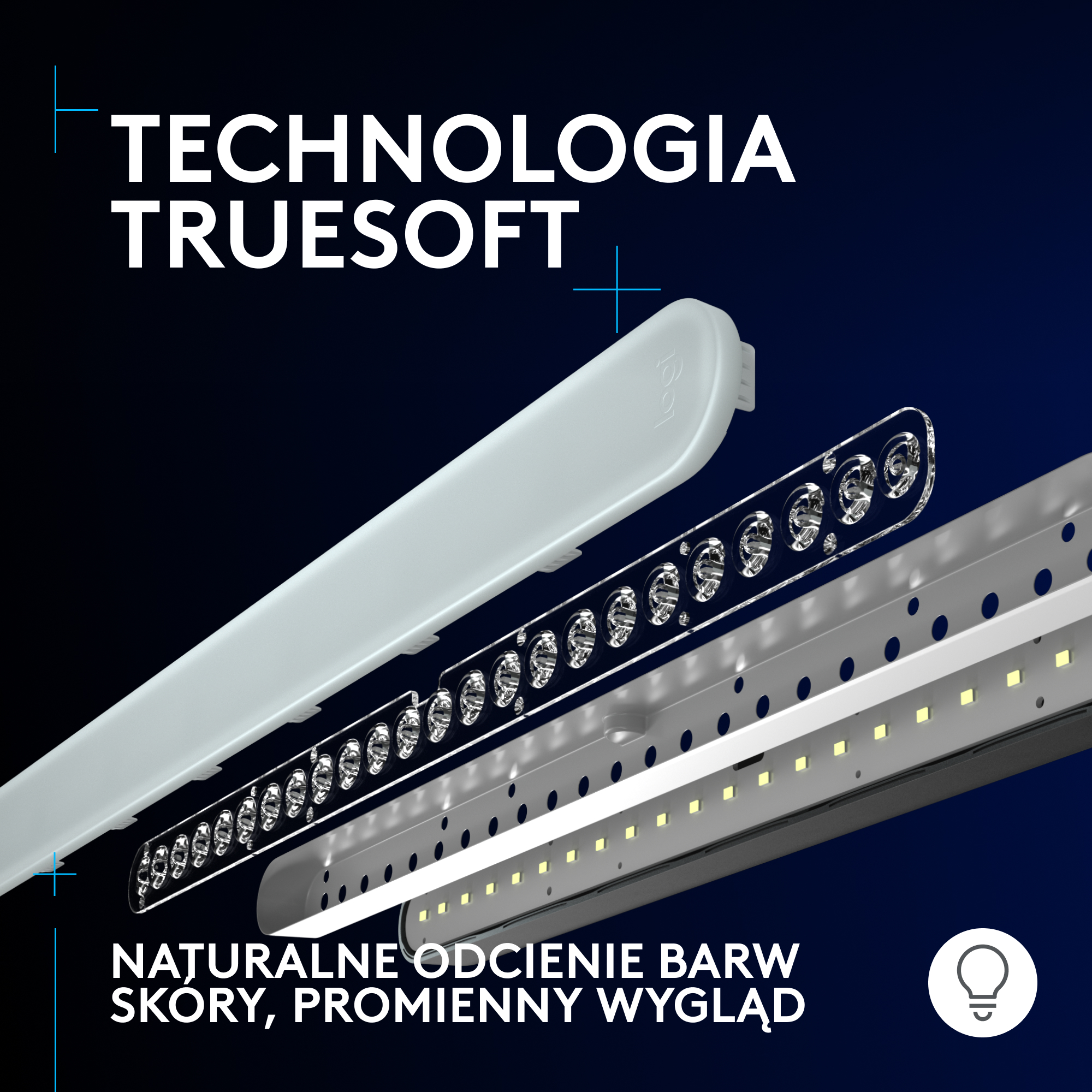 Widok warstw panelu świetlnego z tekstem w języku polskim o prawdziwym kolorze.