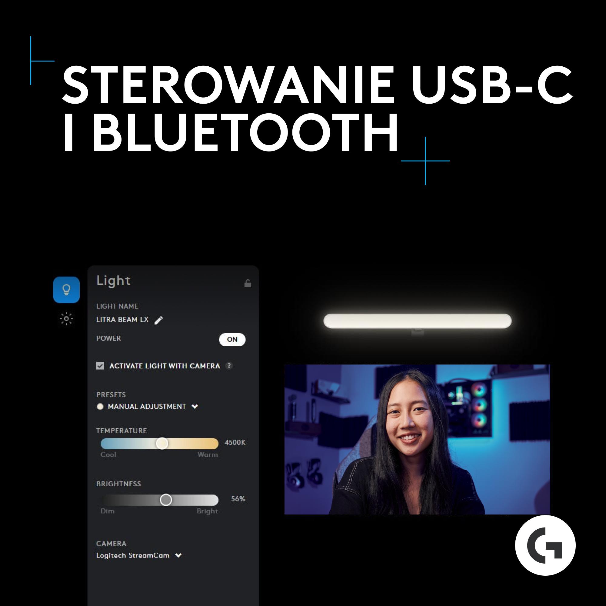 Kobieta i panel świetlny z ustawieniami są widoczne na obrazie.