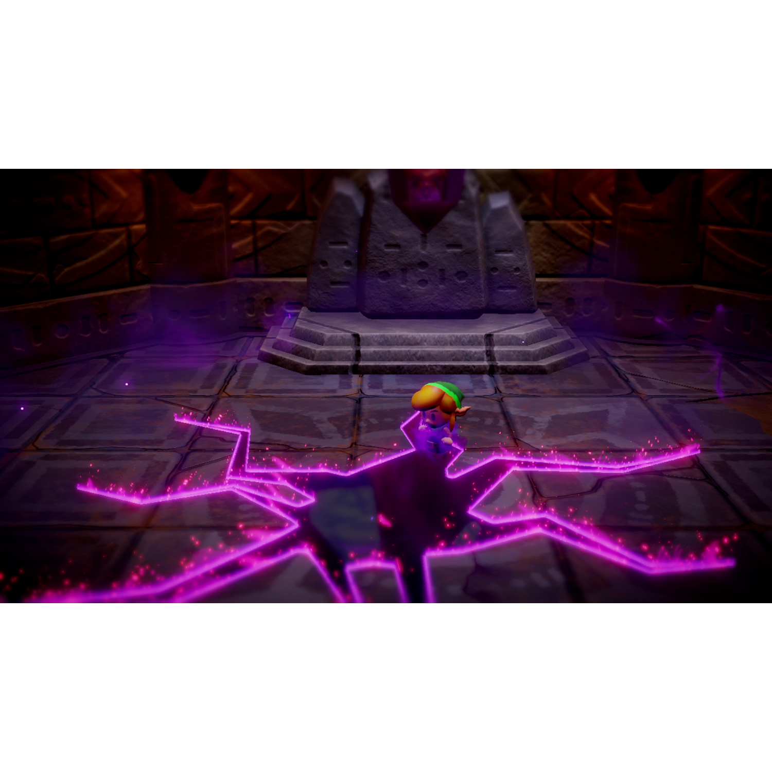 A video game scene with a character in a green hat on cracked tiles, with a stone structure in the back.