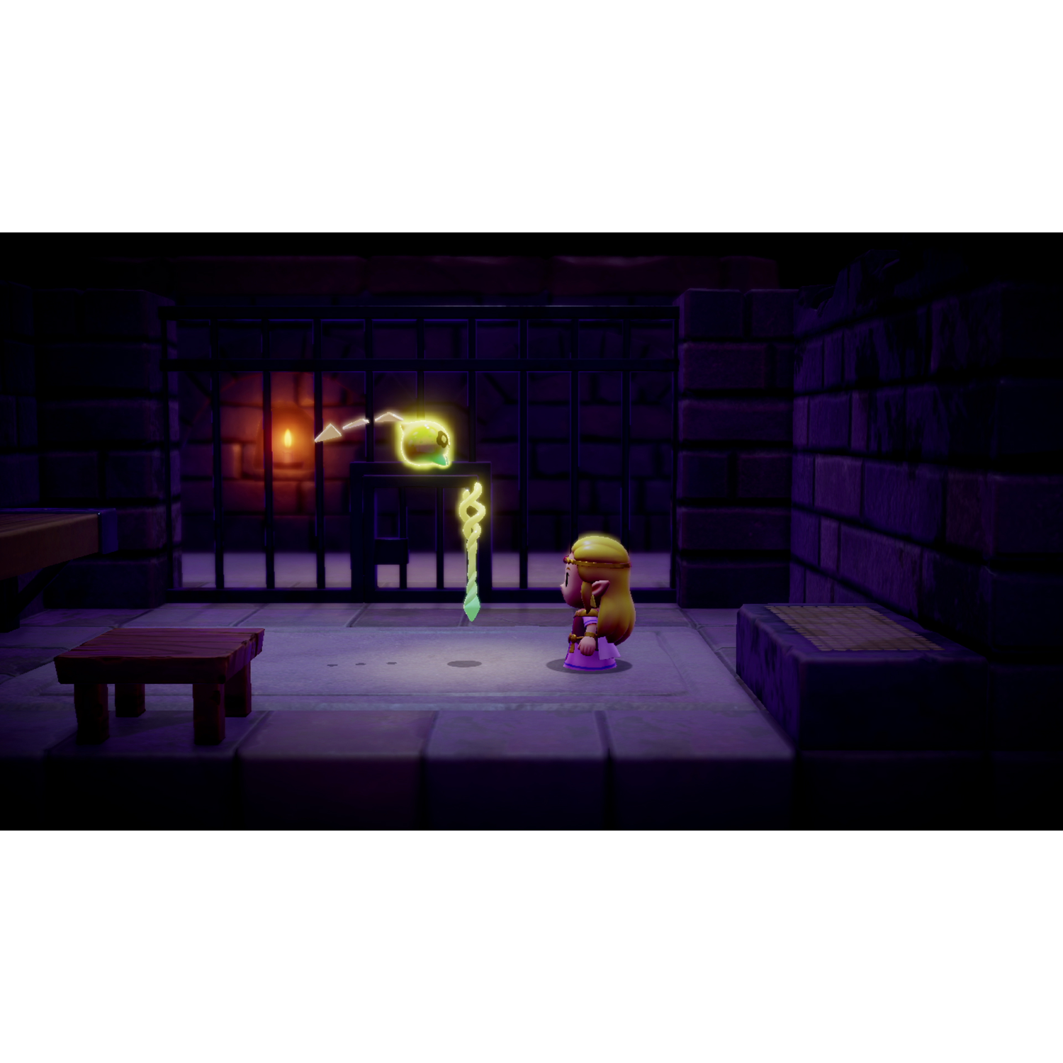 A video game scene with a character in a room with a key and a glowing object.