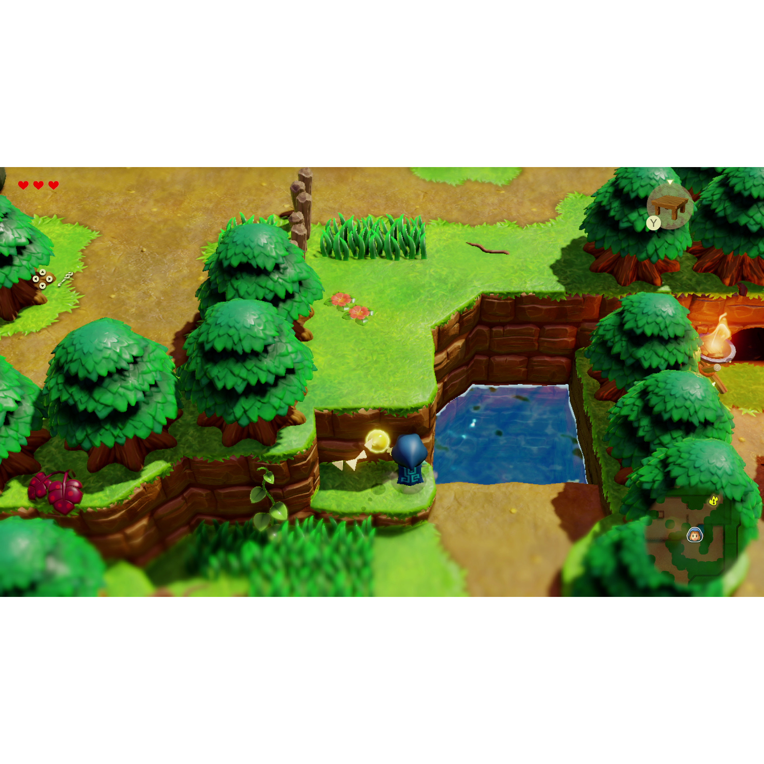 Top-down view of a video game scene with water, trees, and a character.
