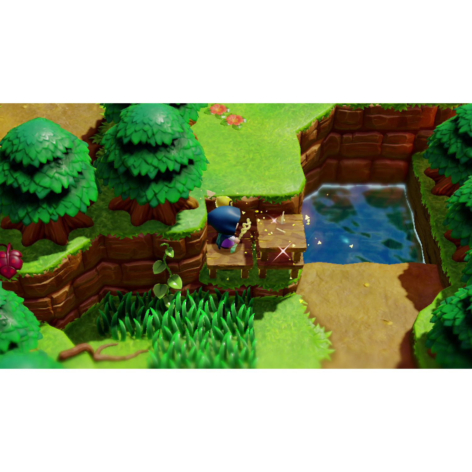 A game scene with a character on a wooden bridge over water in a forest setting.