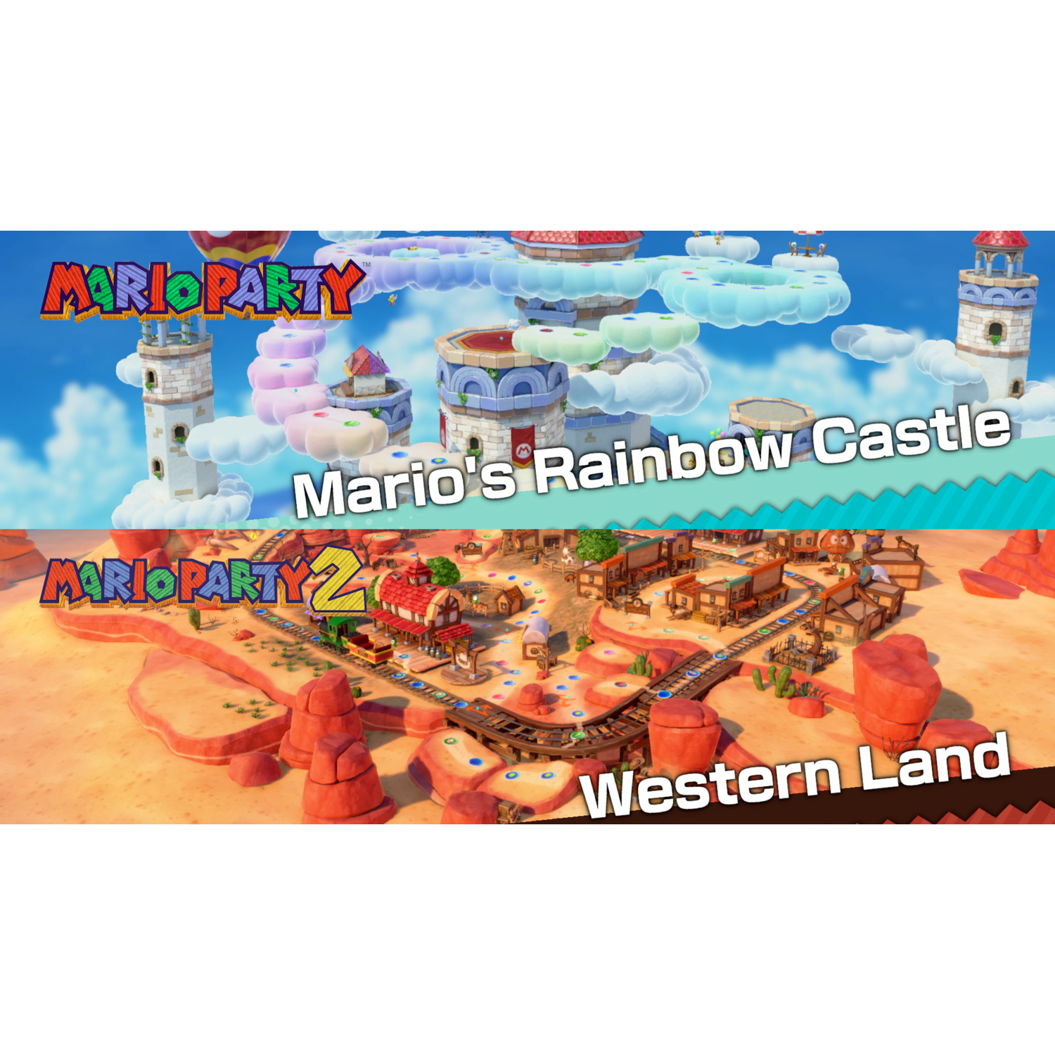 Two game scenes: Mario's Rainbow Castle and Western Land from Mario Party games.