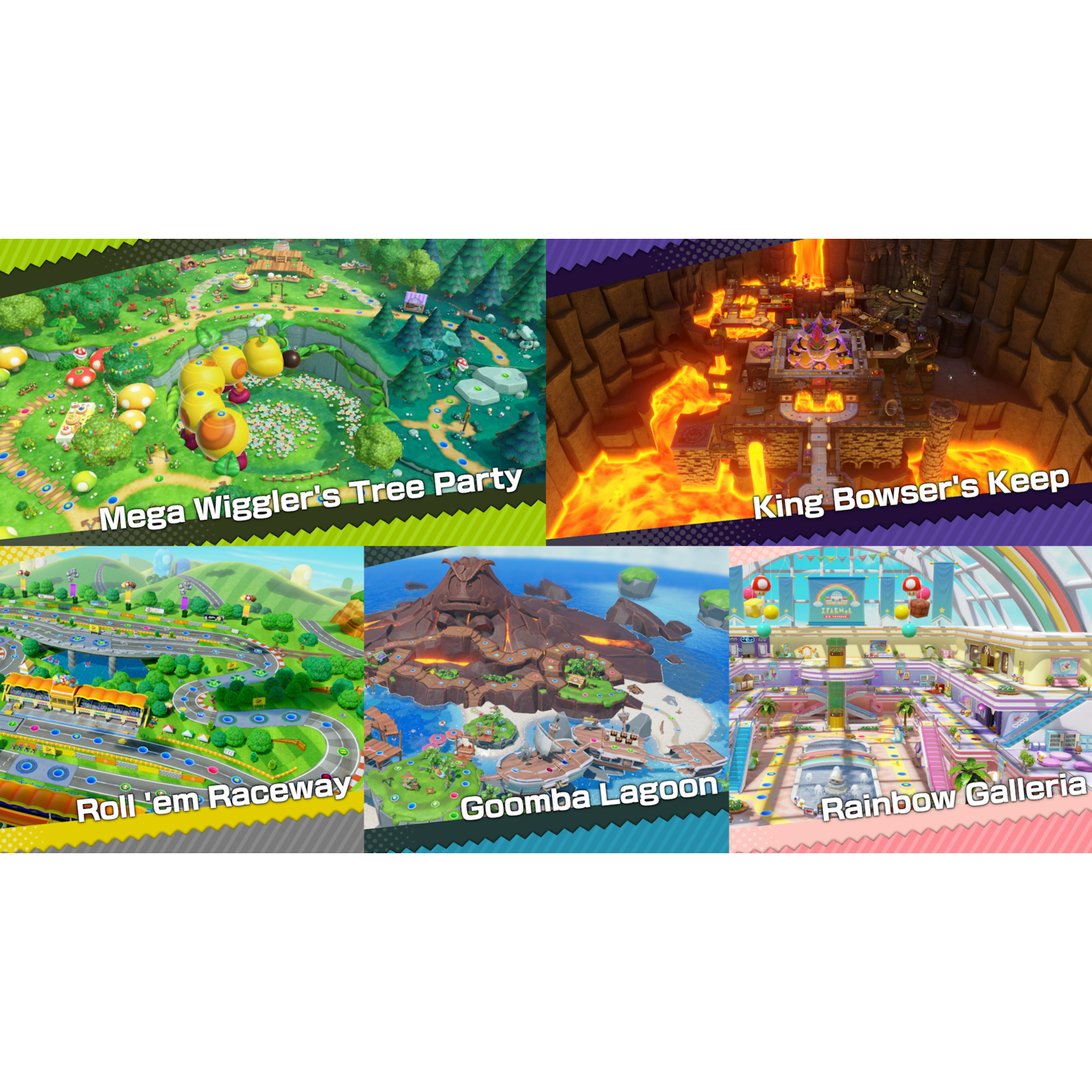 A collage of five colorful game maps. Each with unique landscapes and designs.