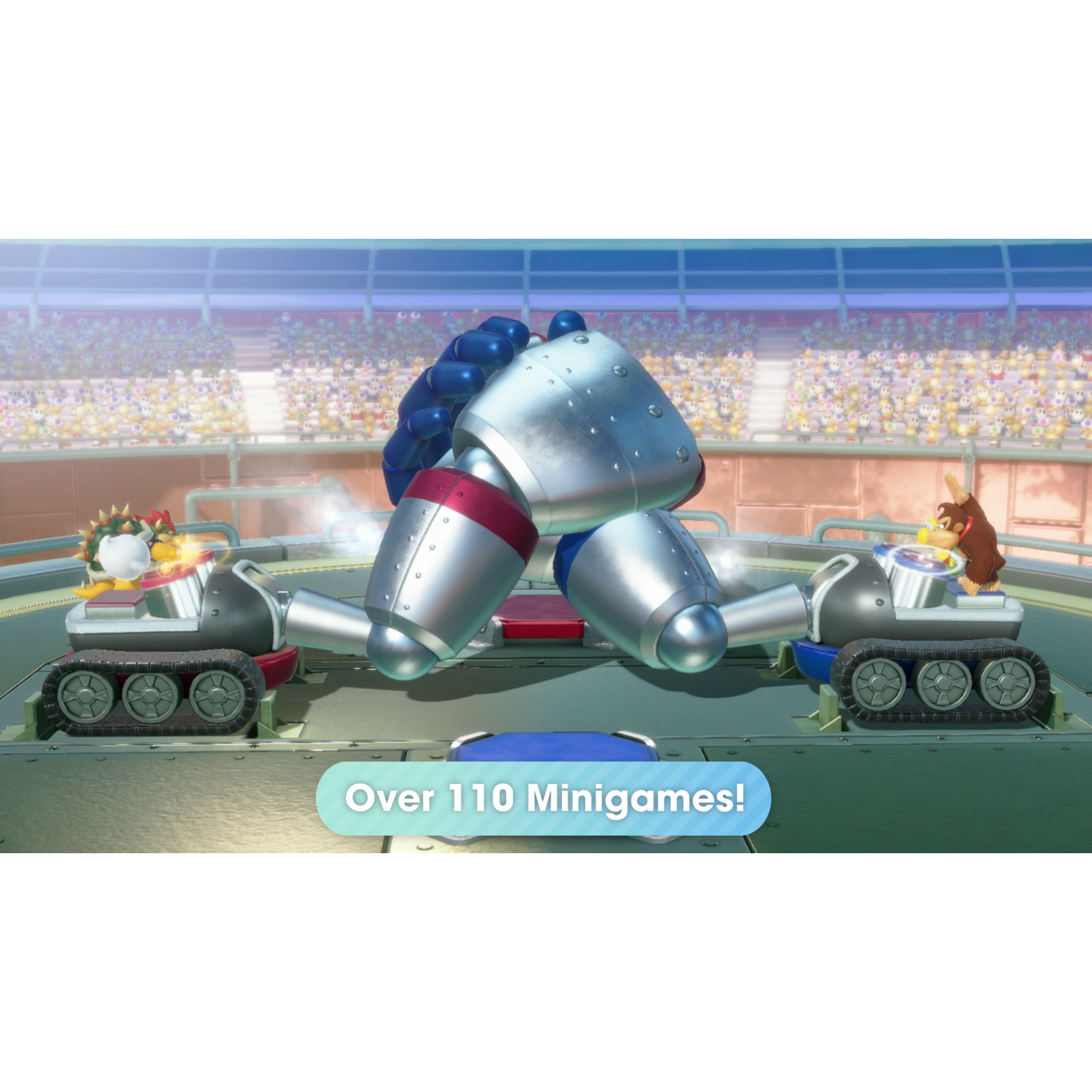 A video game scene with characters in robotic vehicles, over a stadium background.