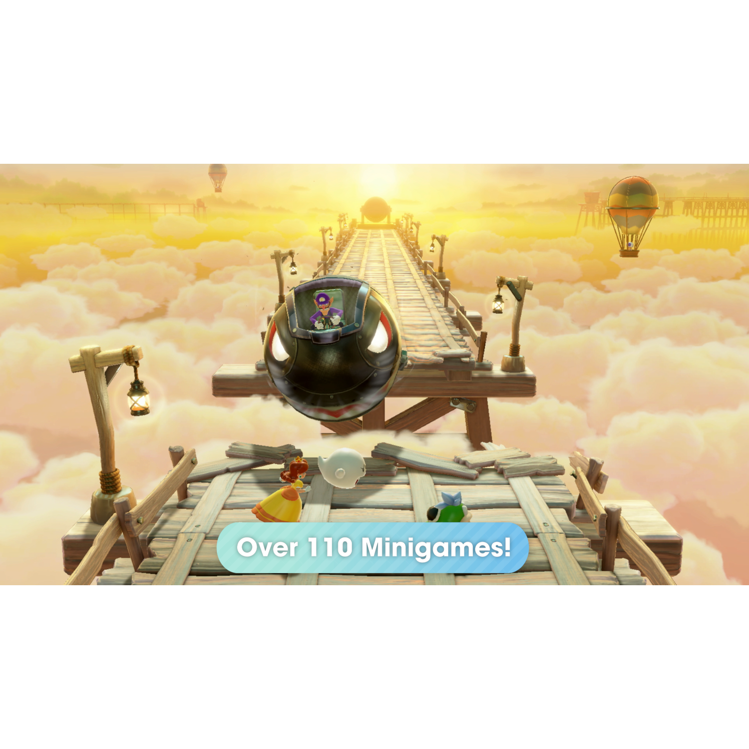 A video game scene with a bridge, balloons and a sign that reads: Over 110 Minigames!