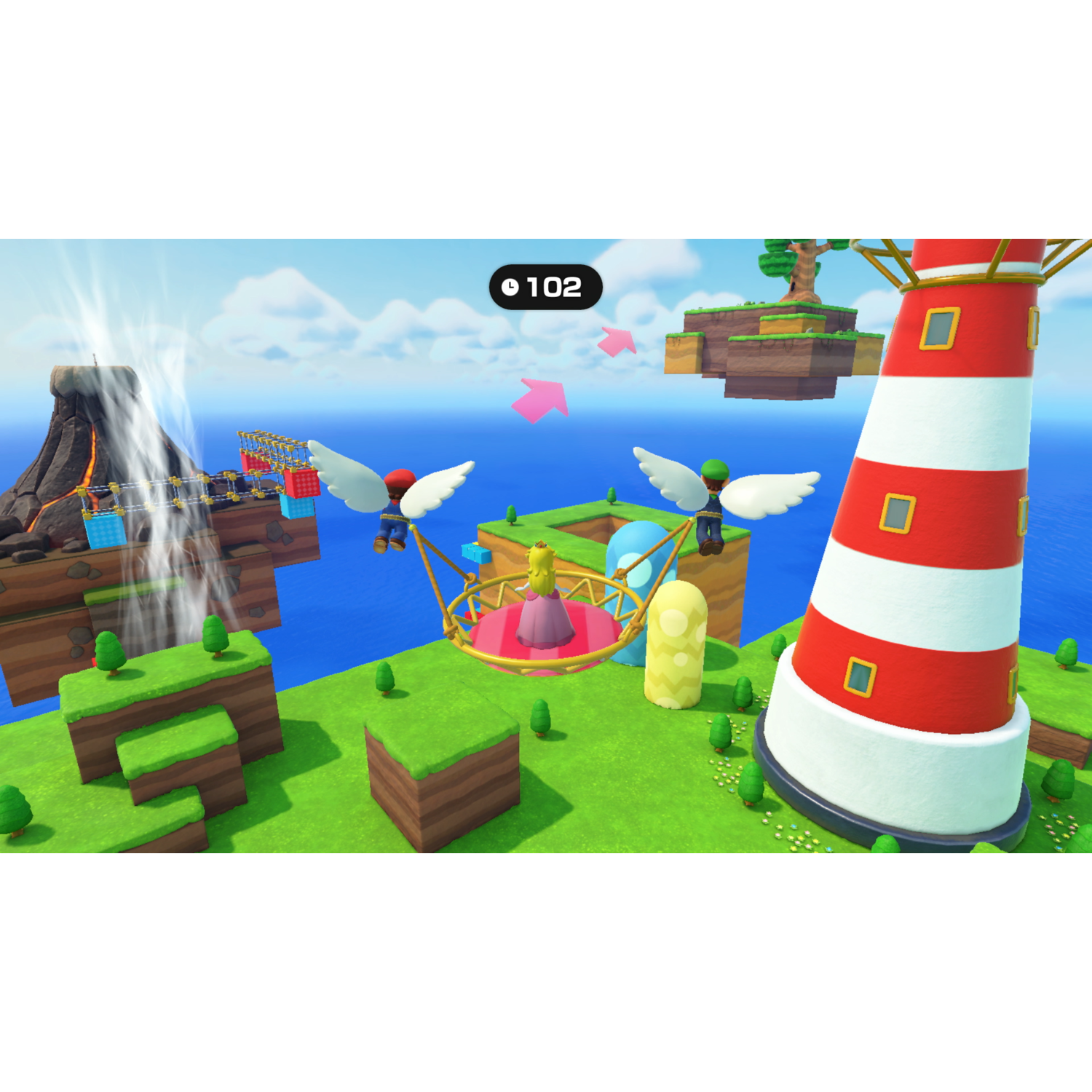 A Mario game scene with characters flying, a lighthouse, and a volcano in the background.