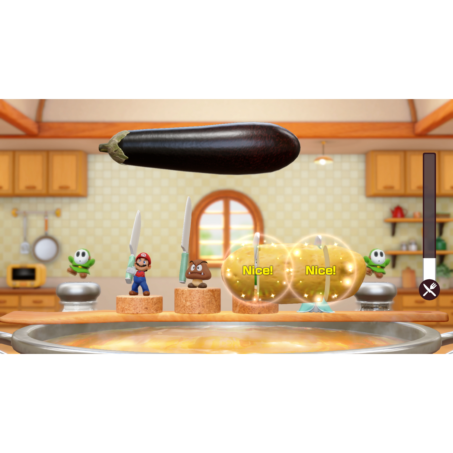 A video game scene with characters in a kitchen, eggplants, and a pot.