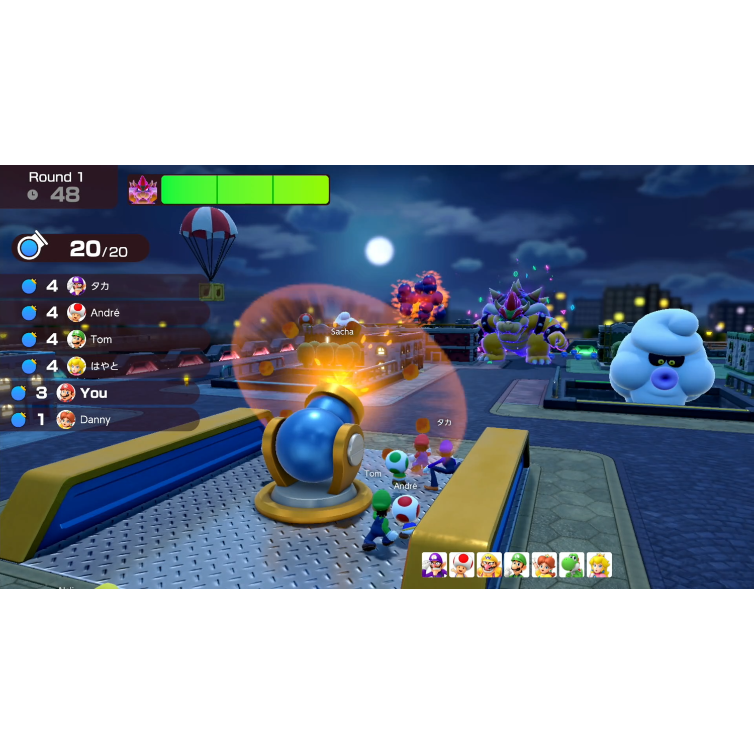 Video game scene with cartoon characters. Characters, text, and a colorful night setting.