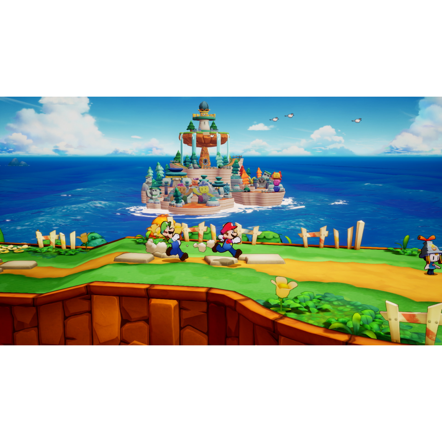 Mario en Luigi rennen op een pad naar een kleurrijk eiland met water en lucht.