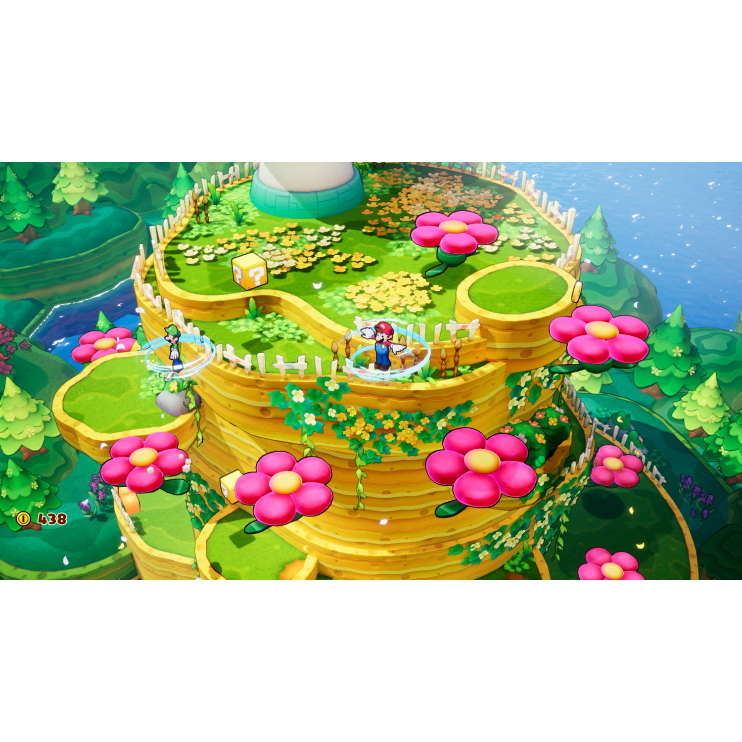 Mario en Luigi in een kleurrijk, bloemrijk spelniveau.