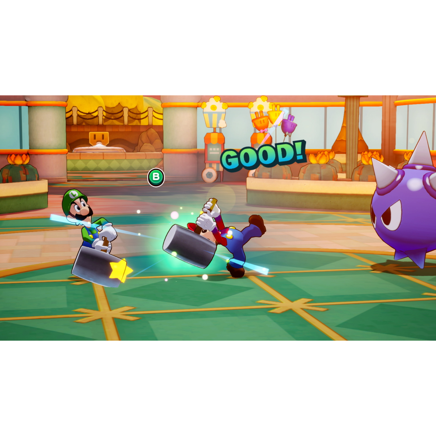 Mario en Luigi spelen een spel. Goed! Mario slaat met een hamer.