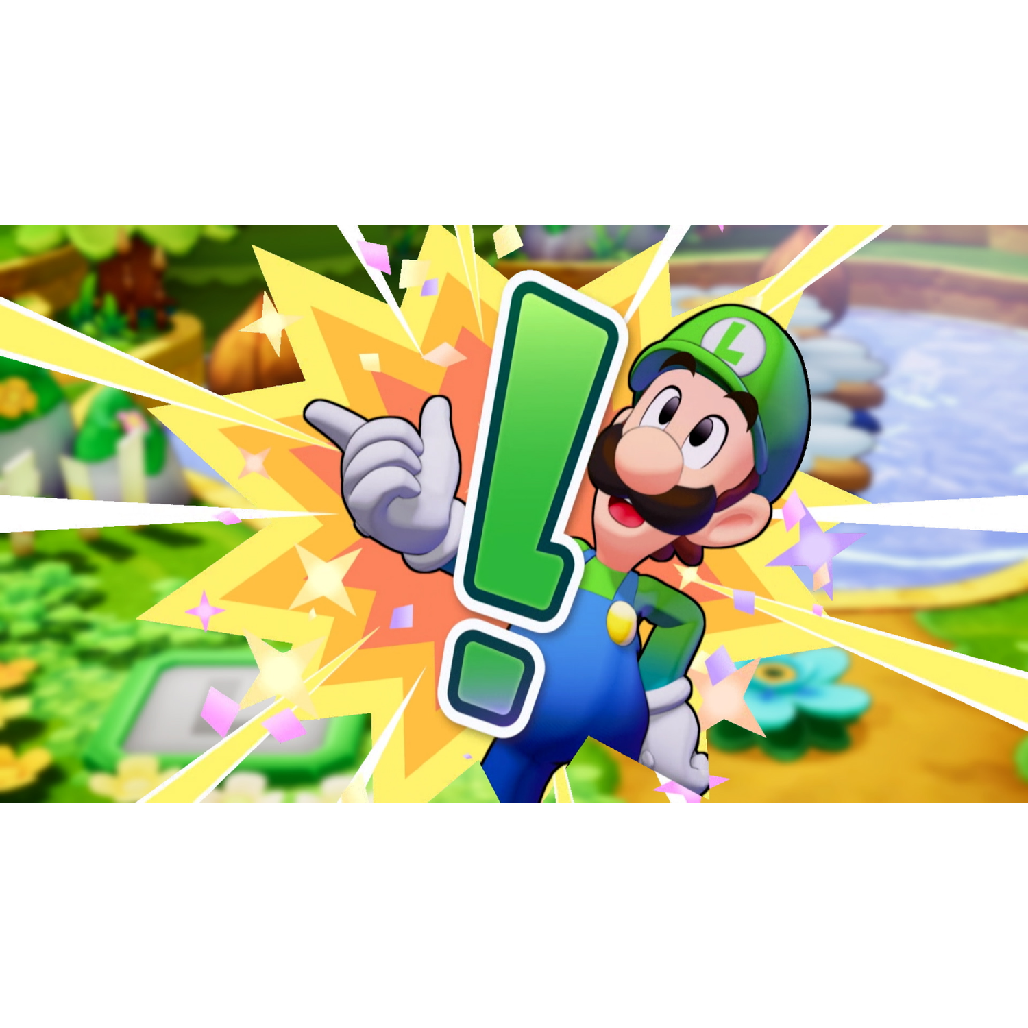Luigi wijst naar een groot uitroepteken; achtergrond toont een levendige game-scène.