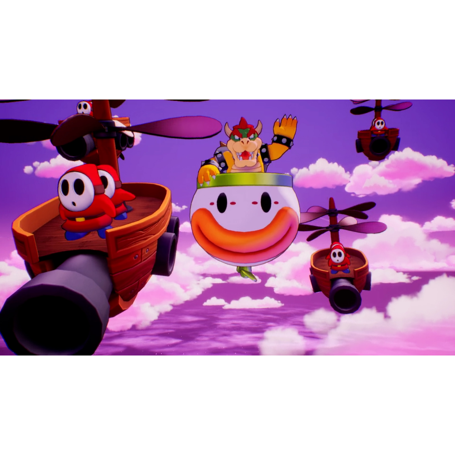 Mario-personages die in de lucht vliegen met propeller-aangedreven voertuigen.