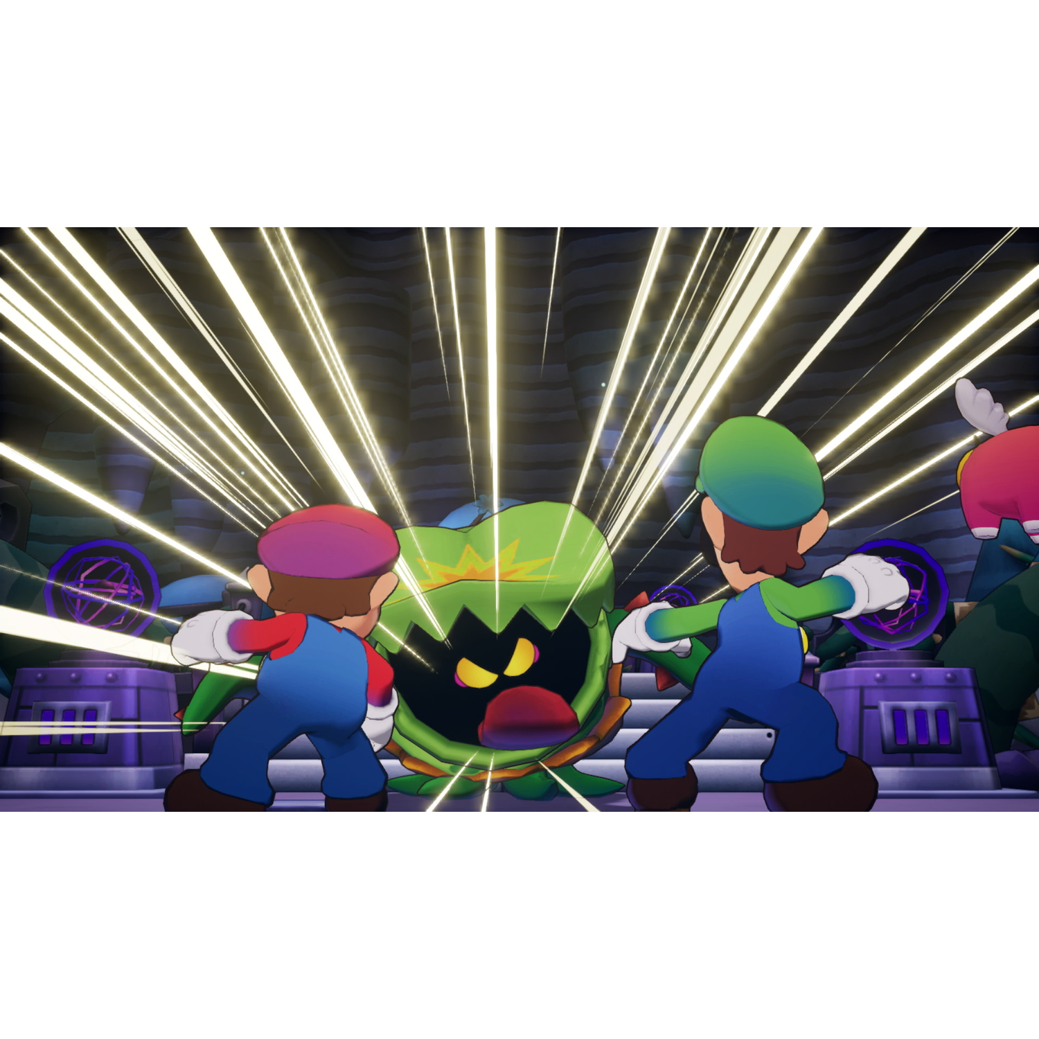 Mario en Luigi staan tegenover een groot groen monster. Lichtstralen schijnen.