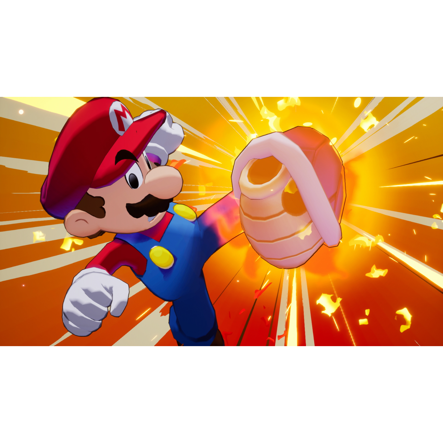 Mario trapt een Koopa-schild in een heldere, gestileerde omgeving met een lichtuitbarsting.