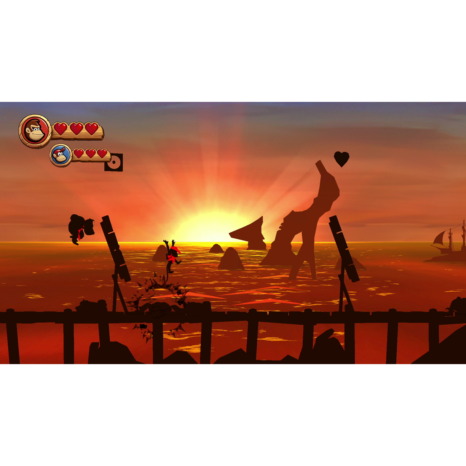 Een Donkey Kong-game scene bij zonsondergang, met personages op platforms en silhouetten van objecten.