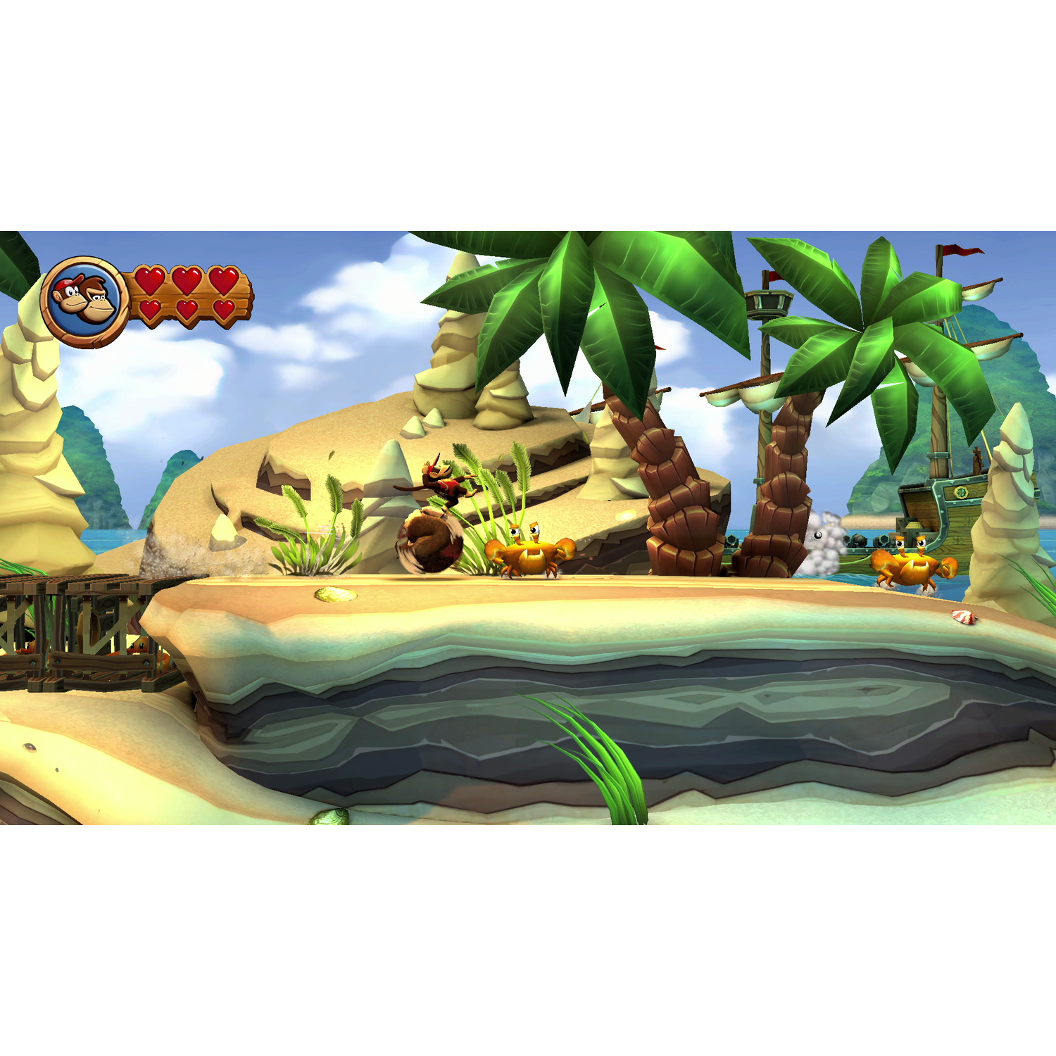 Een videogame-scene met een stripfiguur op een strand met palmbomen en een boot.