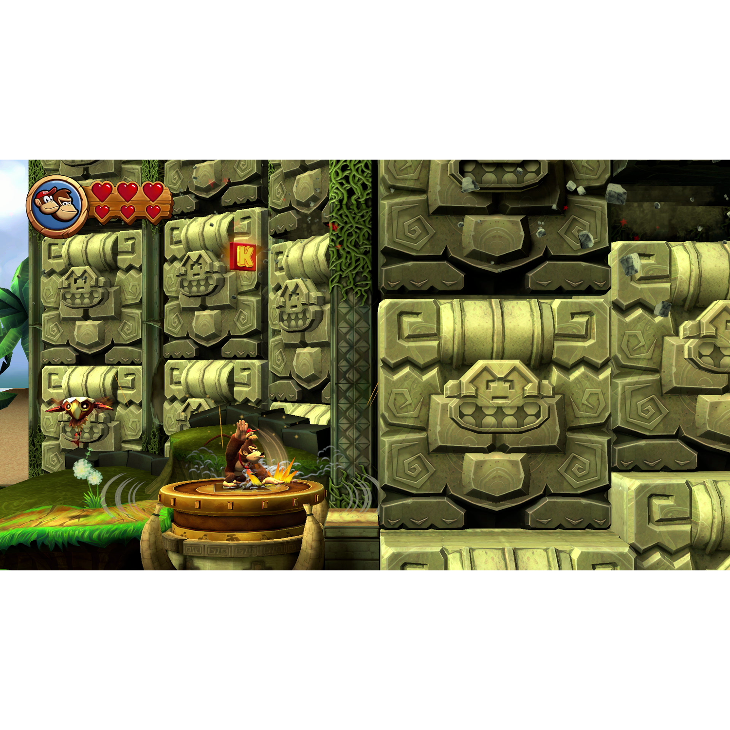 Donkey Kong spelscène. DK op een vat met vuur, tegen een stenen muur.