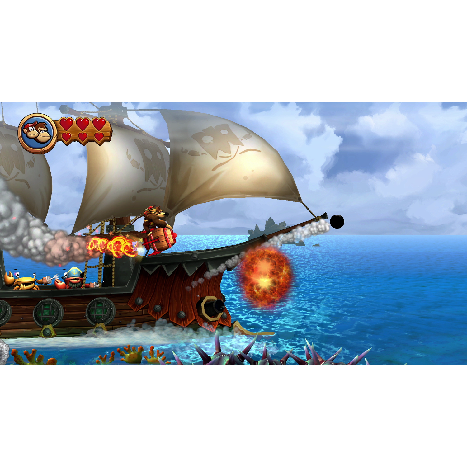 Een schip dat op de oceaan vaart en kanonnen afvuurt. Een personage staat op het schip.