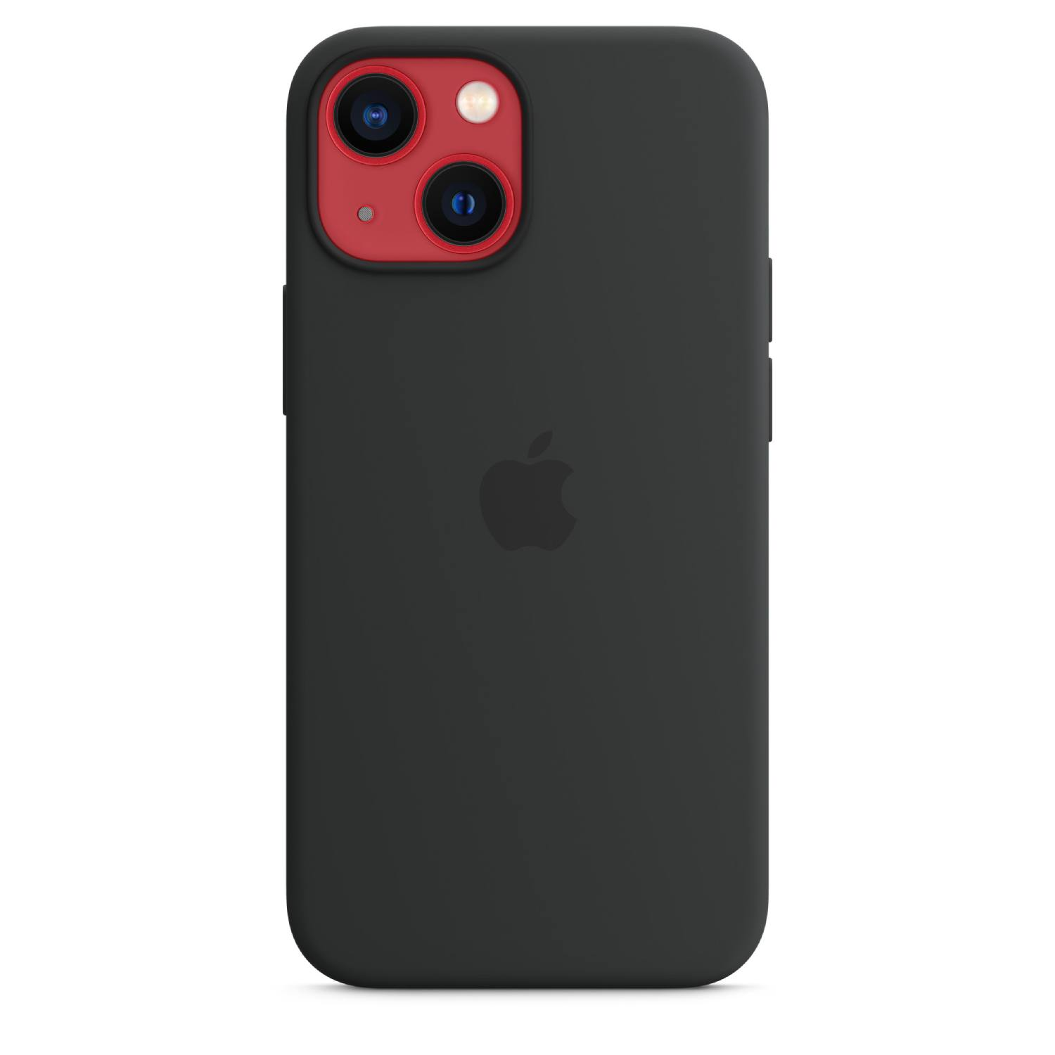 Coque iPhone noire avec bosse caméra rouge et logo Apple.