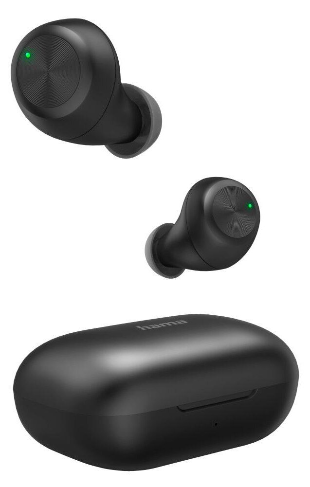 Czarne bezprzewodowe słuchawki z czarnym etui ładującym. Słuchawki mają zielone światła.