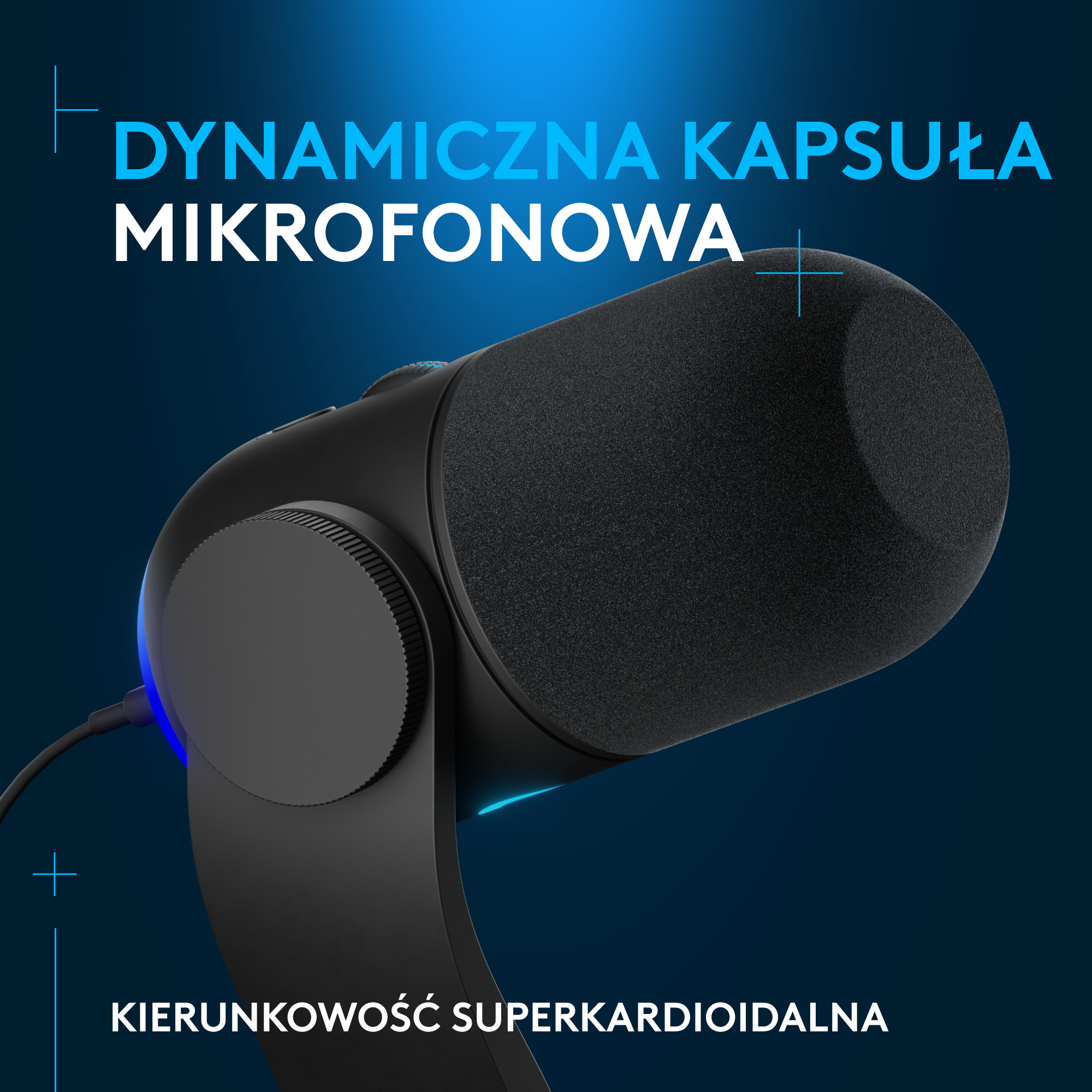Czarny mikrofon z polskim tekstem. Mówi: Dynamiczna kapsuła mikrofonowa i Superkardioidalna.