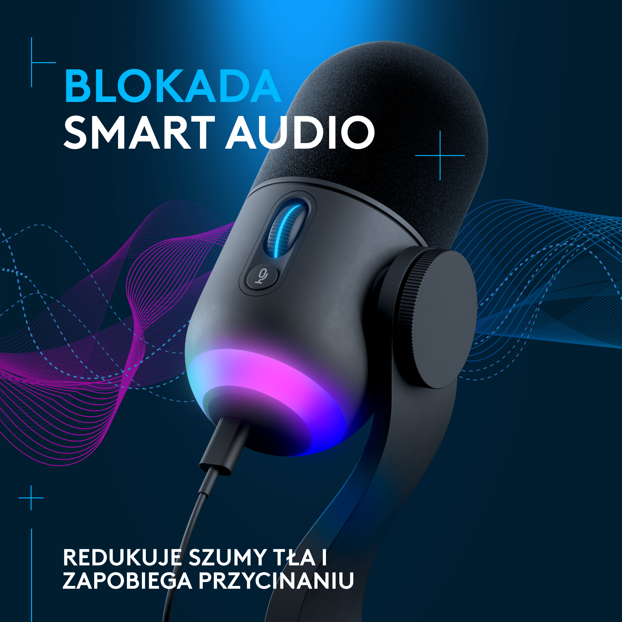 Czarny i szary mikrofon z niebieskim światłem u podstawy. Tło jest niebieskie z liniami.