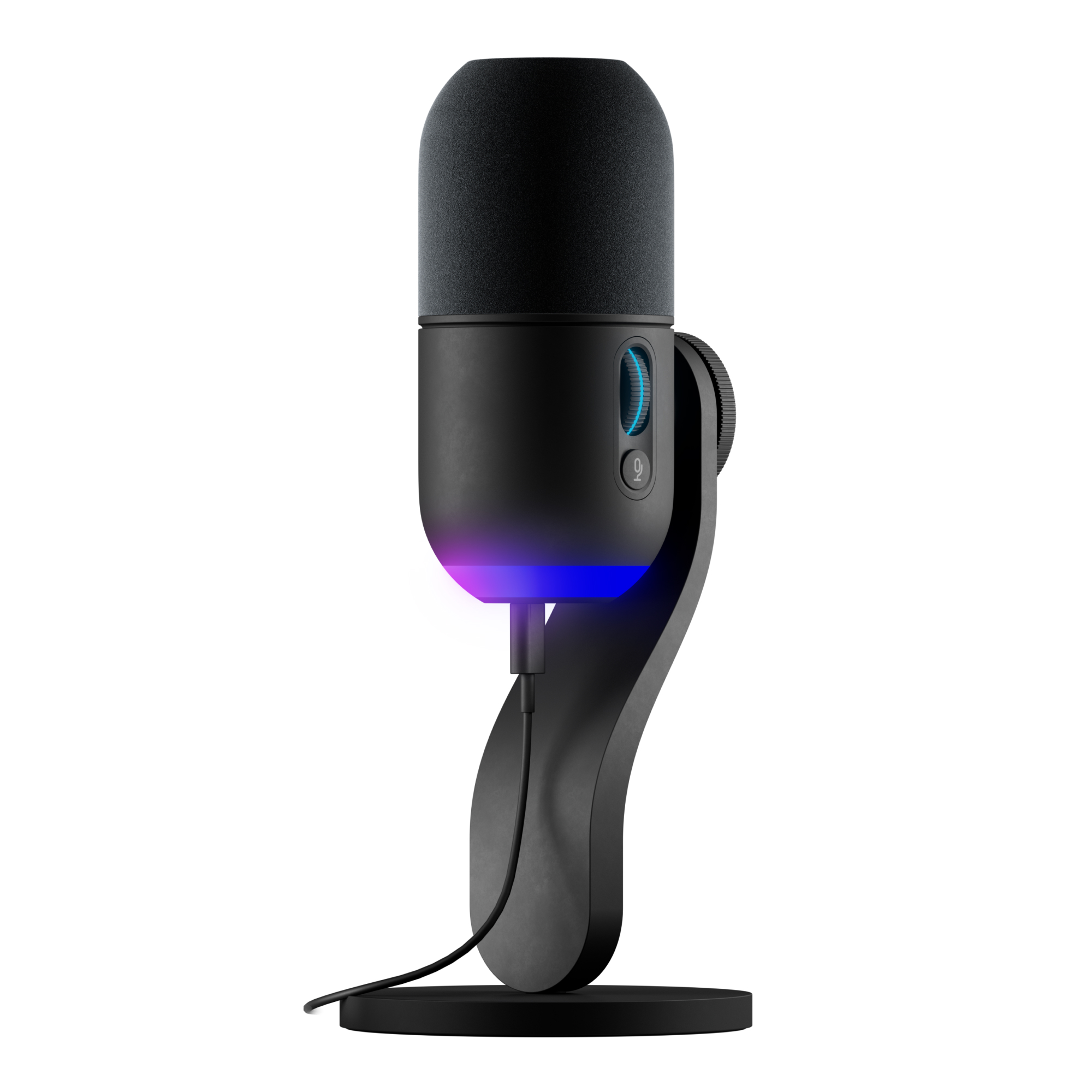 Czarny mikrofon z niebieskim światłem, na statywie, na białym tle.