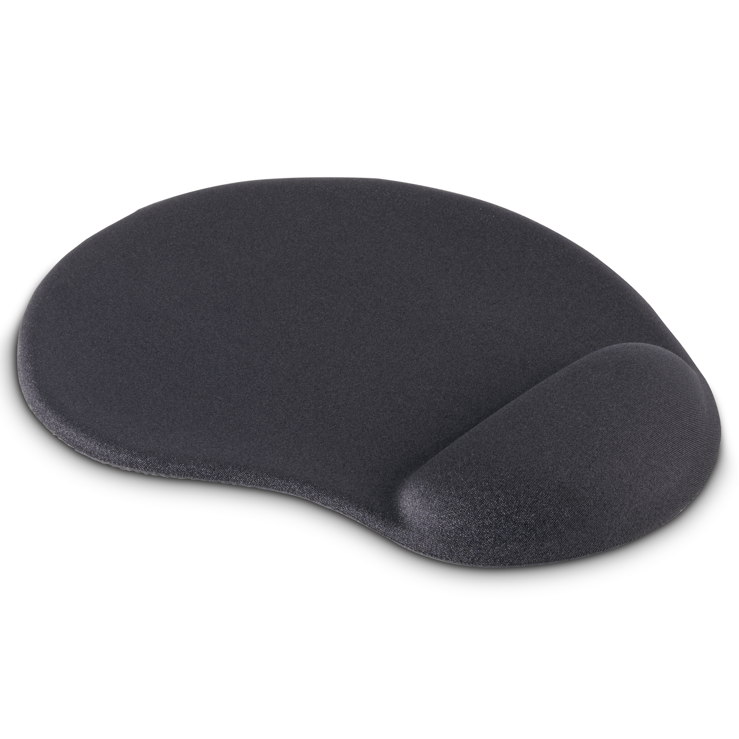 Black ergonomic mouse pad with a wrist rest. It is oval shaped.