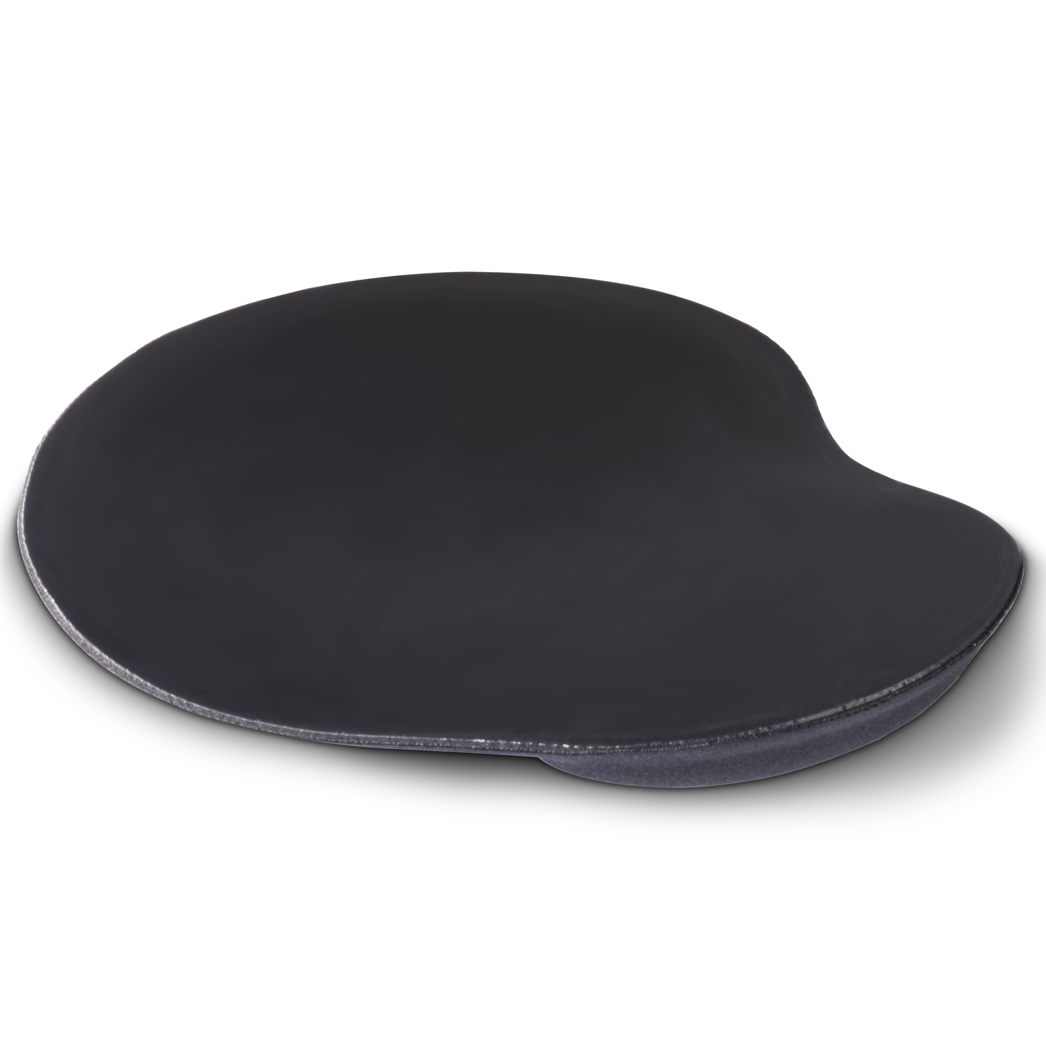 Black ergonomic mouse pad with a curved shape. It has a soft, dark gray wrist rest.
