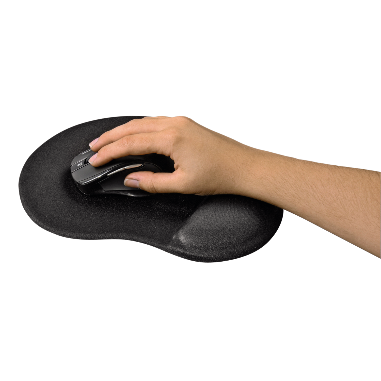 A person's hand on a black mouse on a black mousepad. Black background.