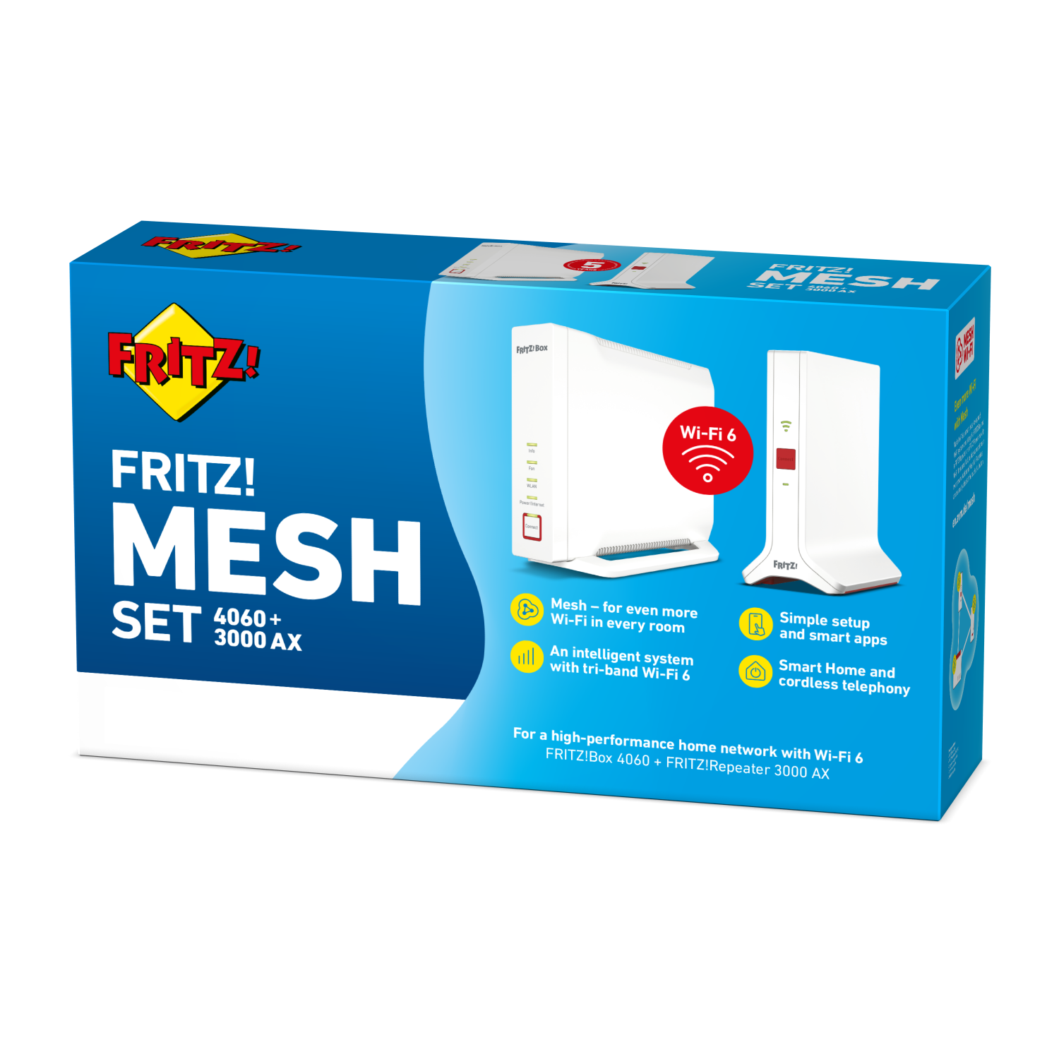 Fritz! Mesh set box. Shows a router and repeater. Box is blue with white text.