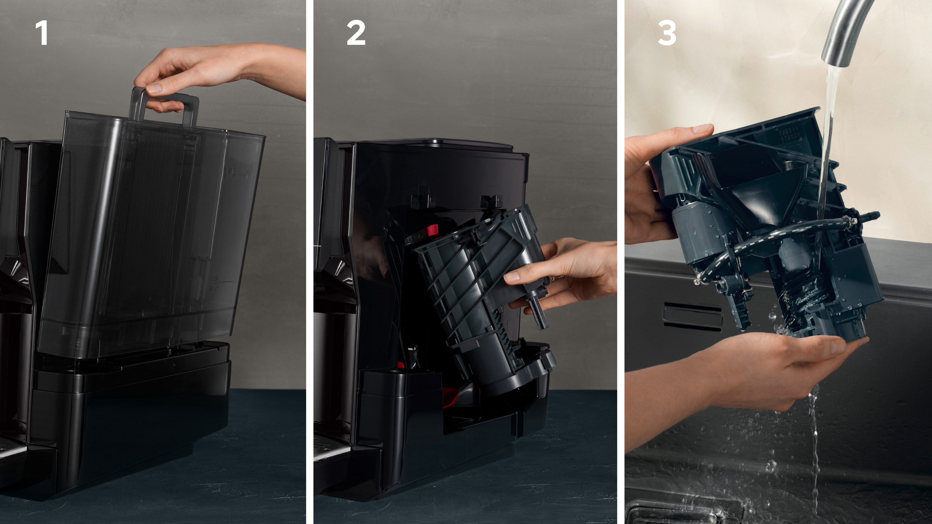 Drei Bilder, die die Schritte zum Entfernen und Reinigen von Teilen einer Kaffeemaschine zeigen.