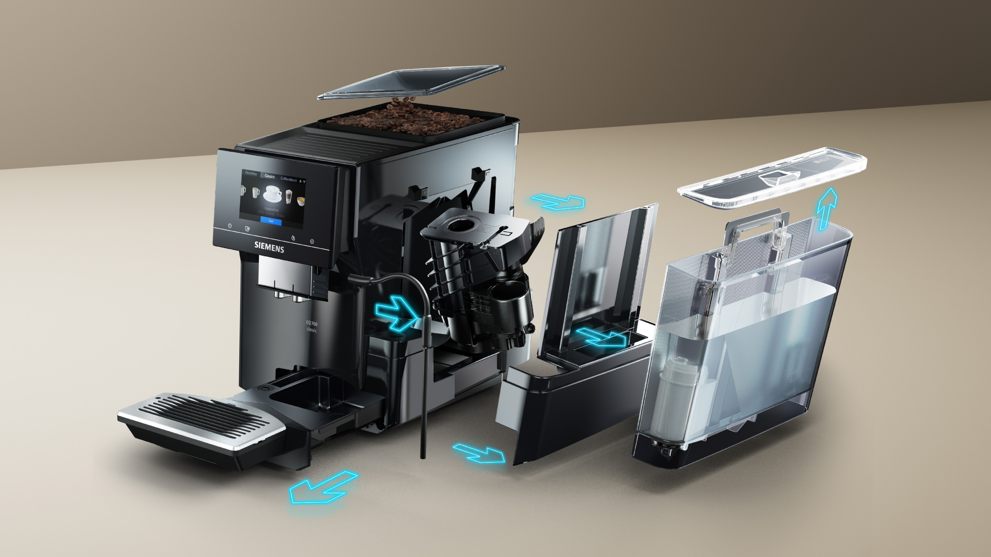 Zerlegte Kaffeemaschine mit Innenteilen und Pfeilen.