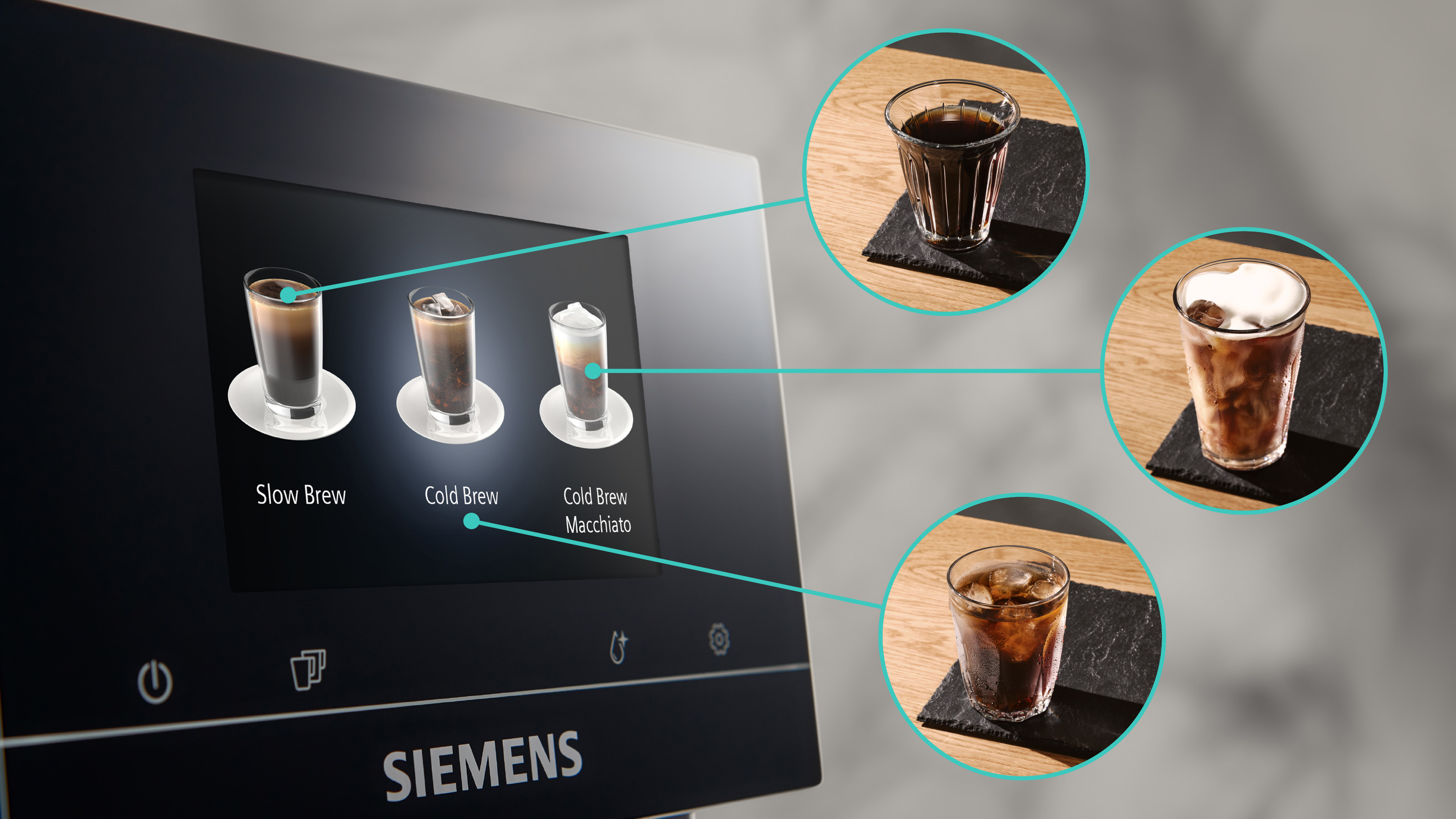 Kaffeemaschinenbildschirm mit Kaffeeoptionen: Slow Brew, Cold Brew, Cold Brew Macchiato.