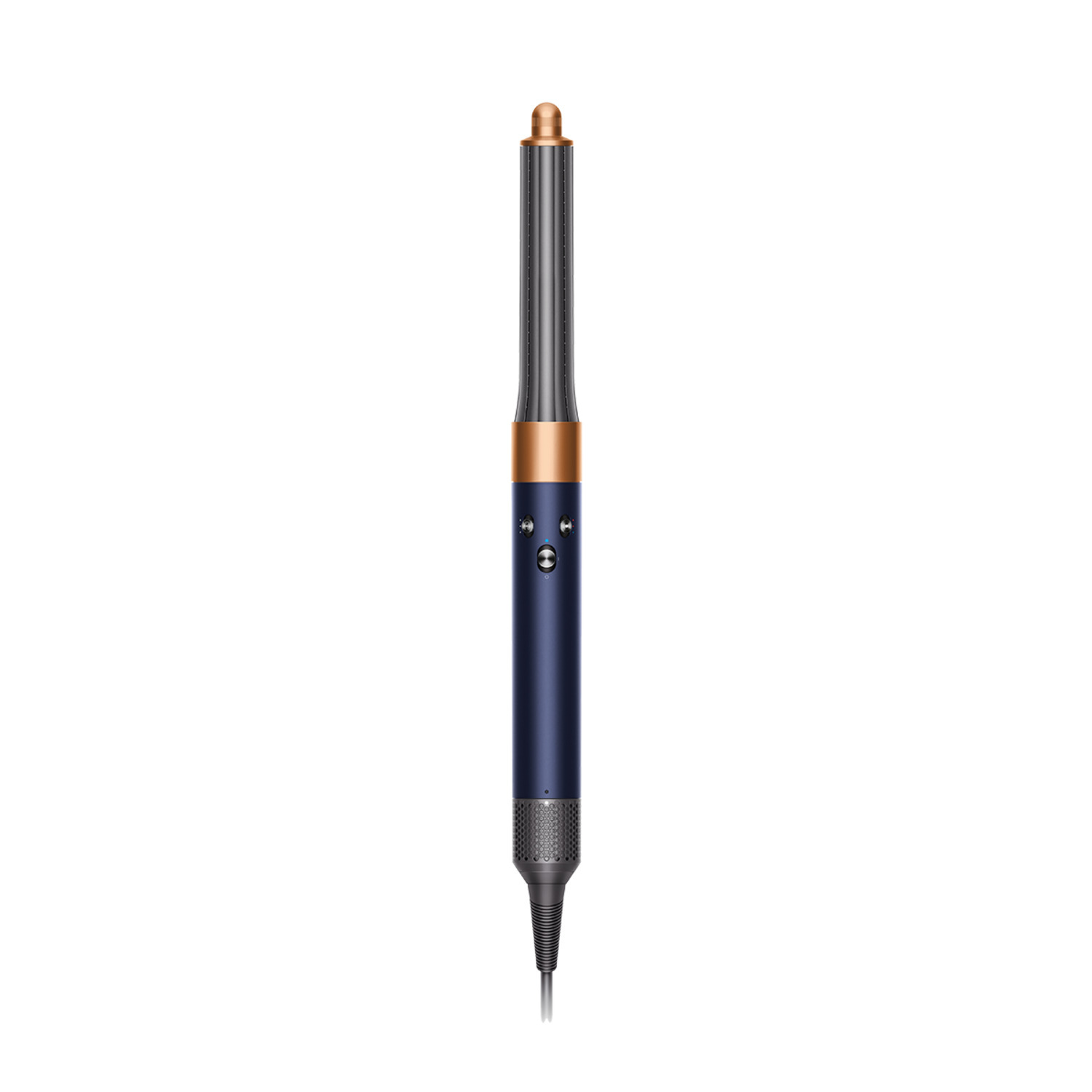 Dyson Airwrap haarstyler, blauw, zwart en koper, tegen wit.