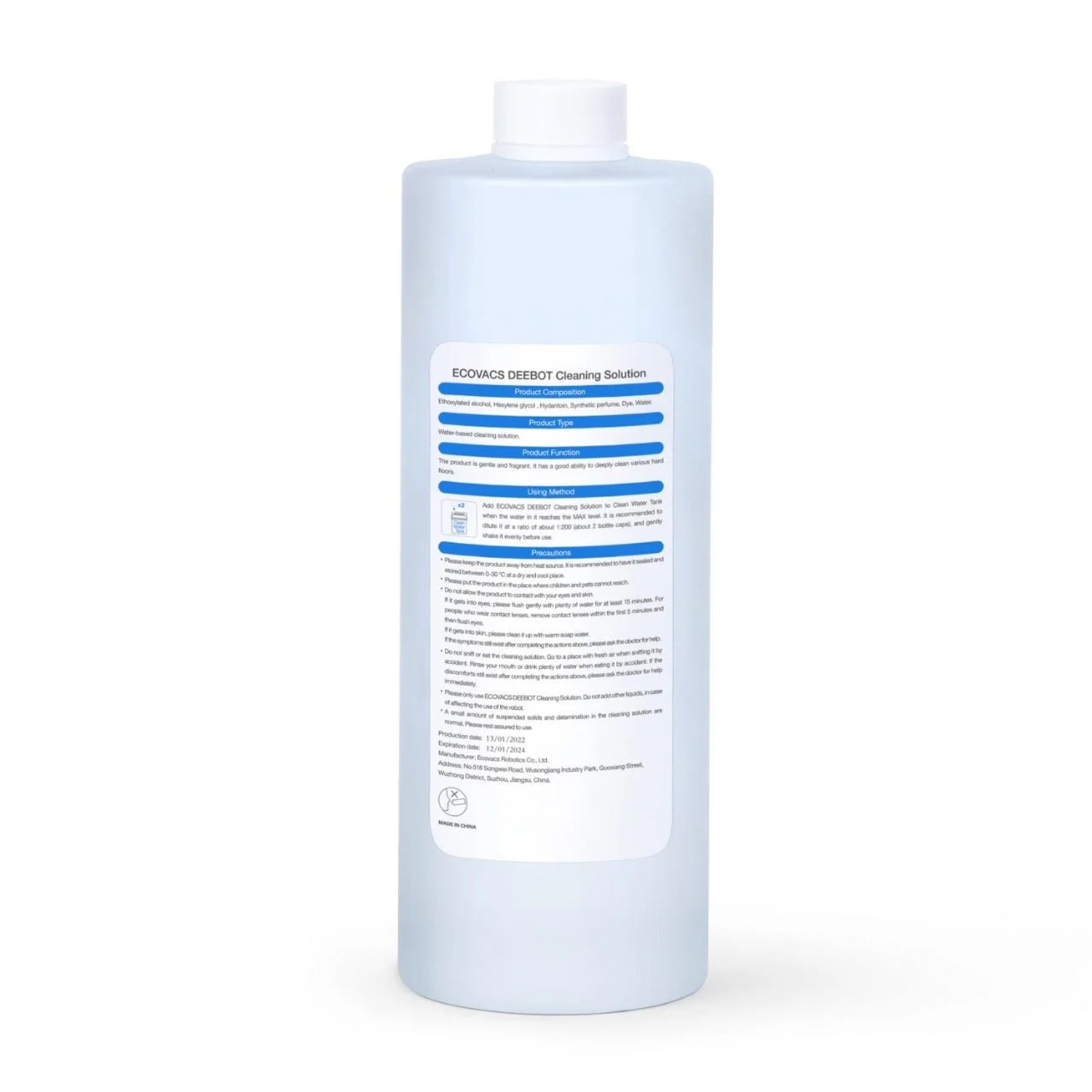 Una bottiglia bianca di soluzione detergente con un'etichetta blu. Testo in inglese sull'etichetta.
