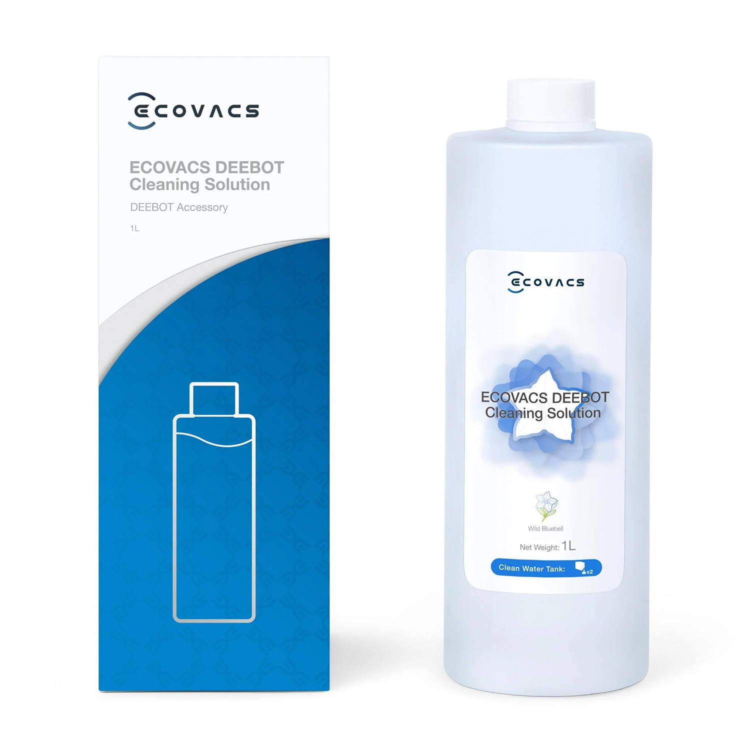 Flacone e scatola bianchi di Soluzione per la pulizia ECOVACS DEEBOT. Il flacone ha un'etichetta con il logo del marchio.