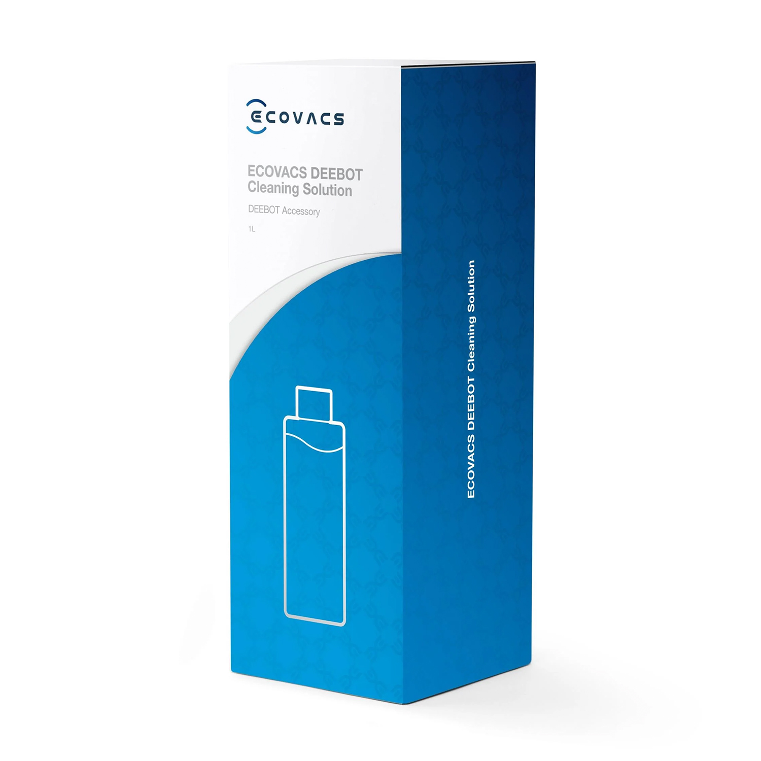 Scatola con soluzione detergente. Colori bianco e blu con info prodotto e illustrazione bottiglia.